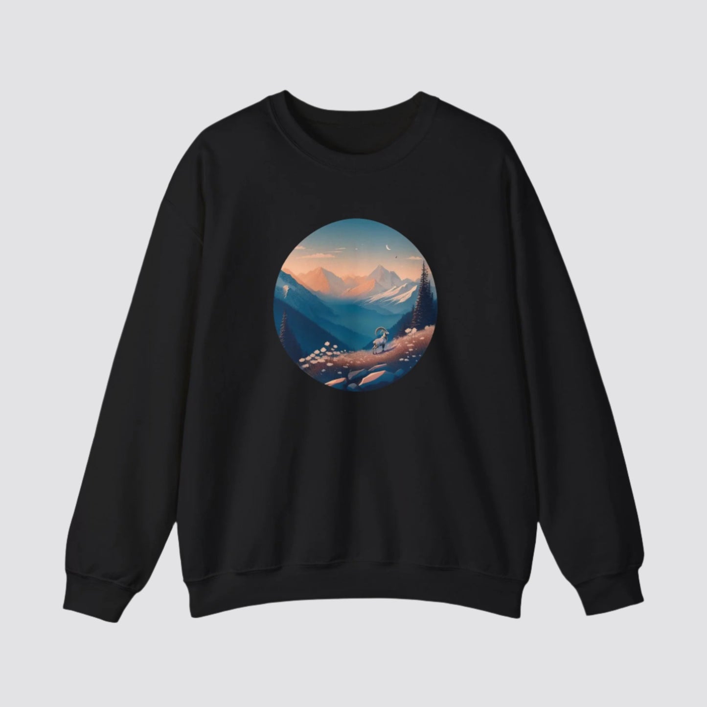 Alpine Mountain Goat Nature-inspired Crewneck Black