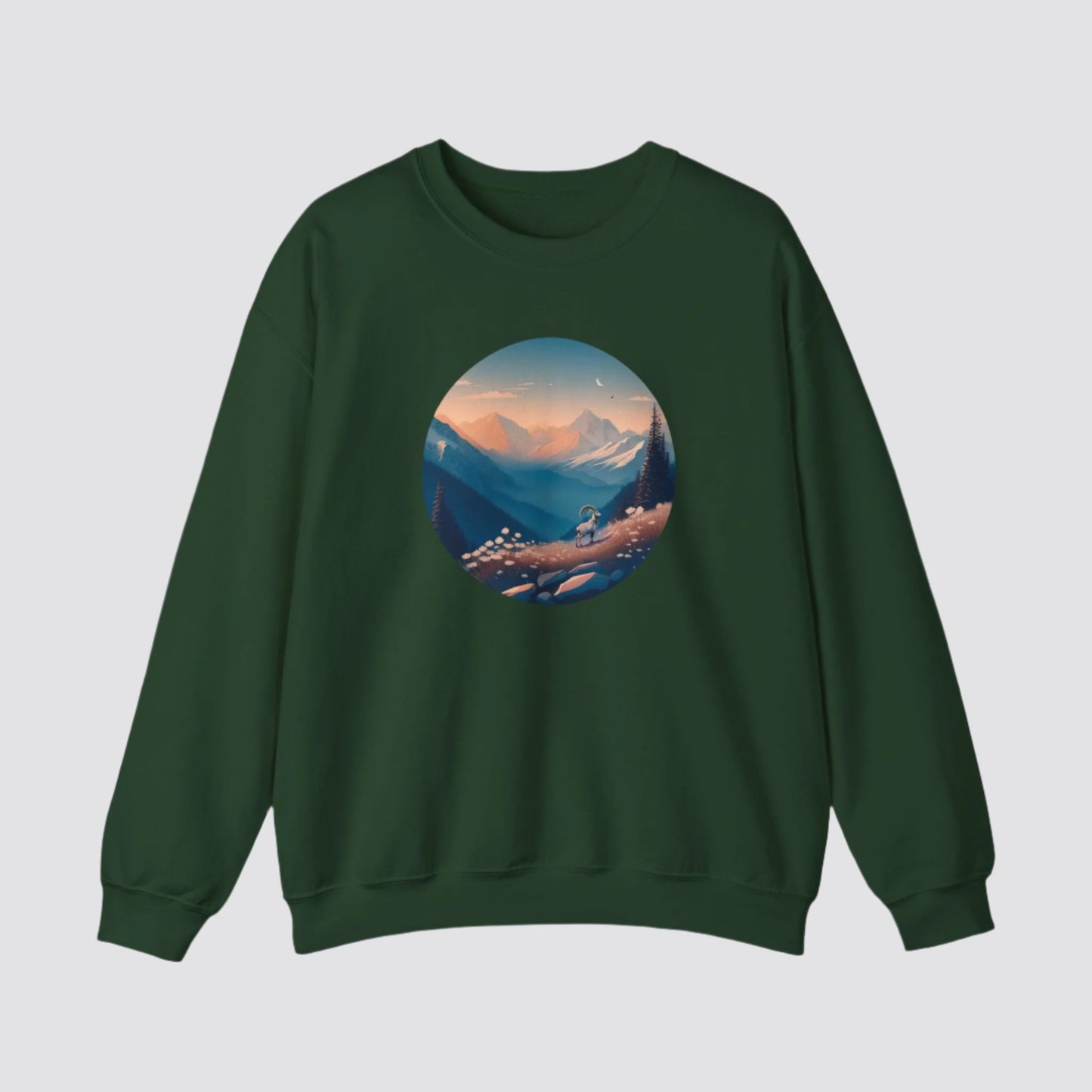 Alpine Mountain Goat Nature-inspired Crewneck Forest Green