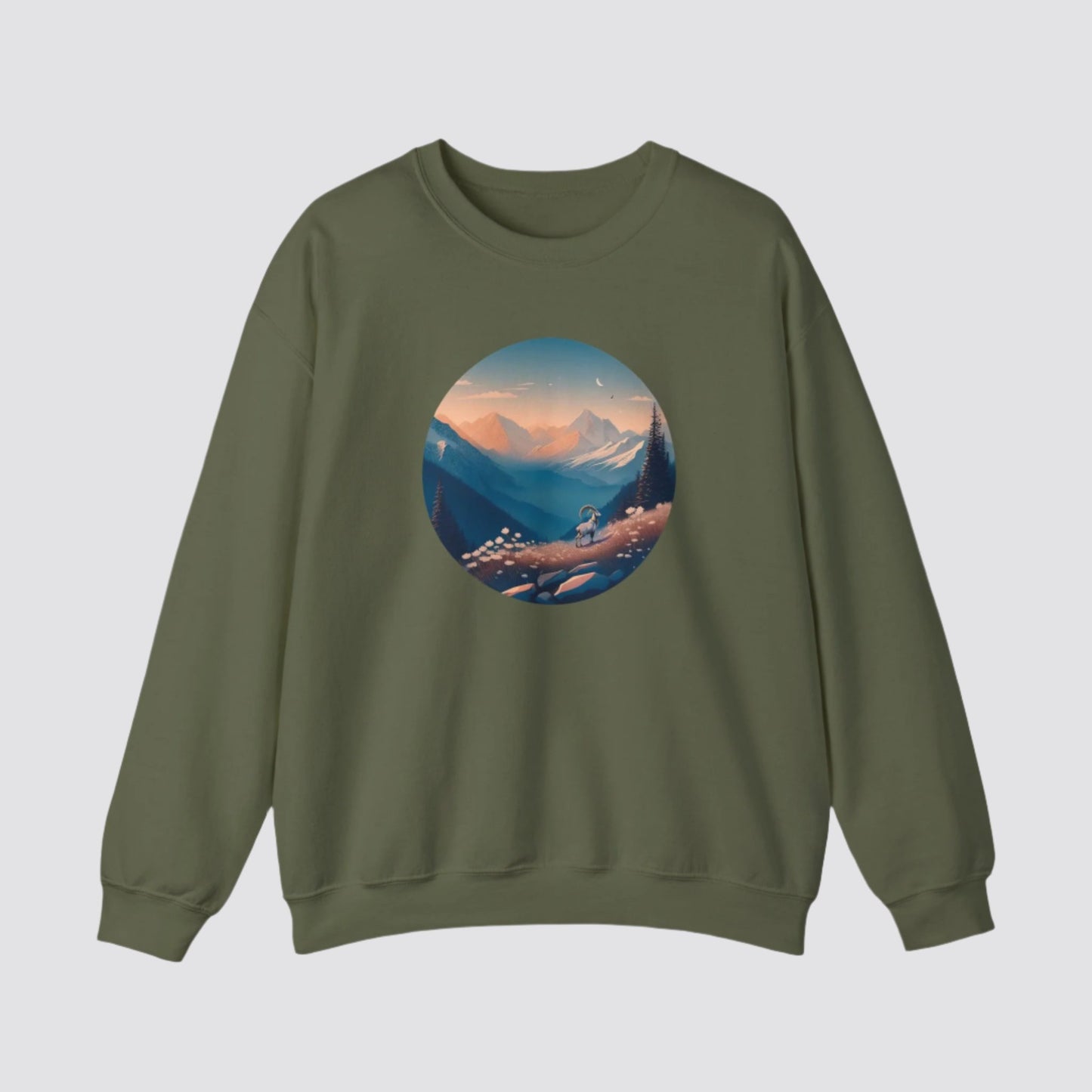 Alpine Mountain Goat Nature-inspired Crewneck Military Green
