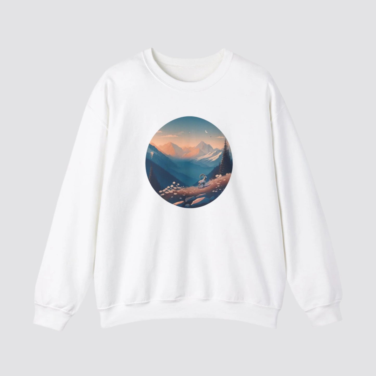 Alpine Mountain Goat Nature-inspired Crewneck White