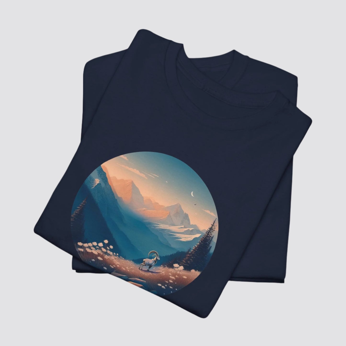 Alpine Mountain Goat Nature-inspired T-shirt Navy - Folded