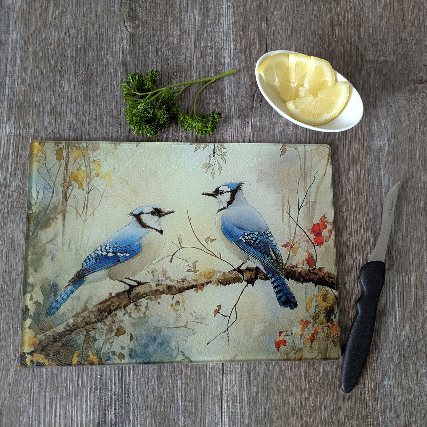 Chopping board with bird design on a wooden surface with a knife and lemon.