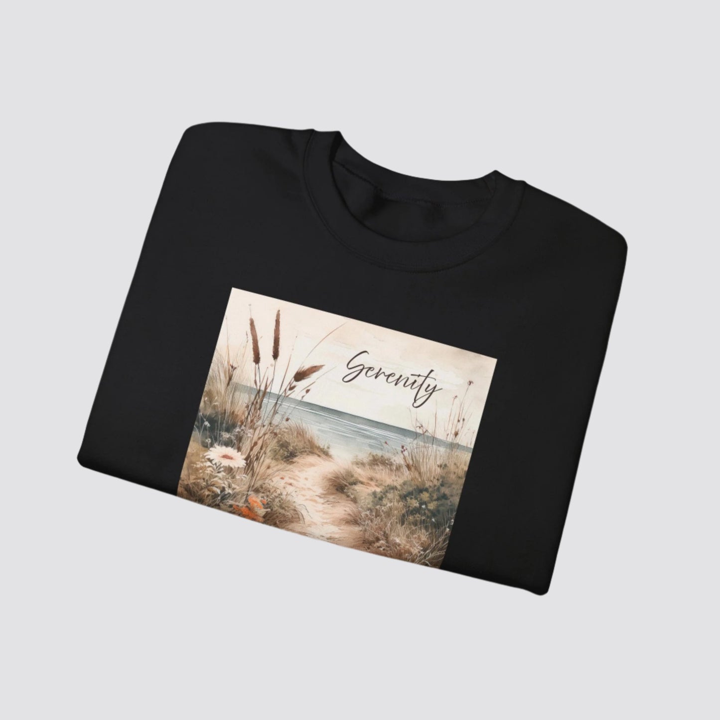 Coastal Serenity Nature-inspired Crewneck Black - Folded