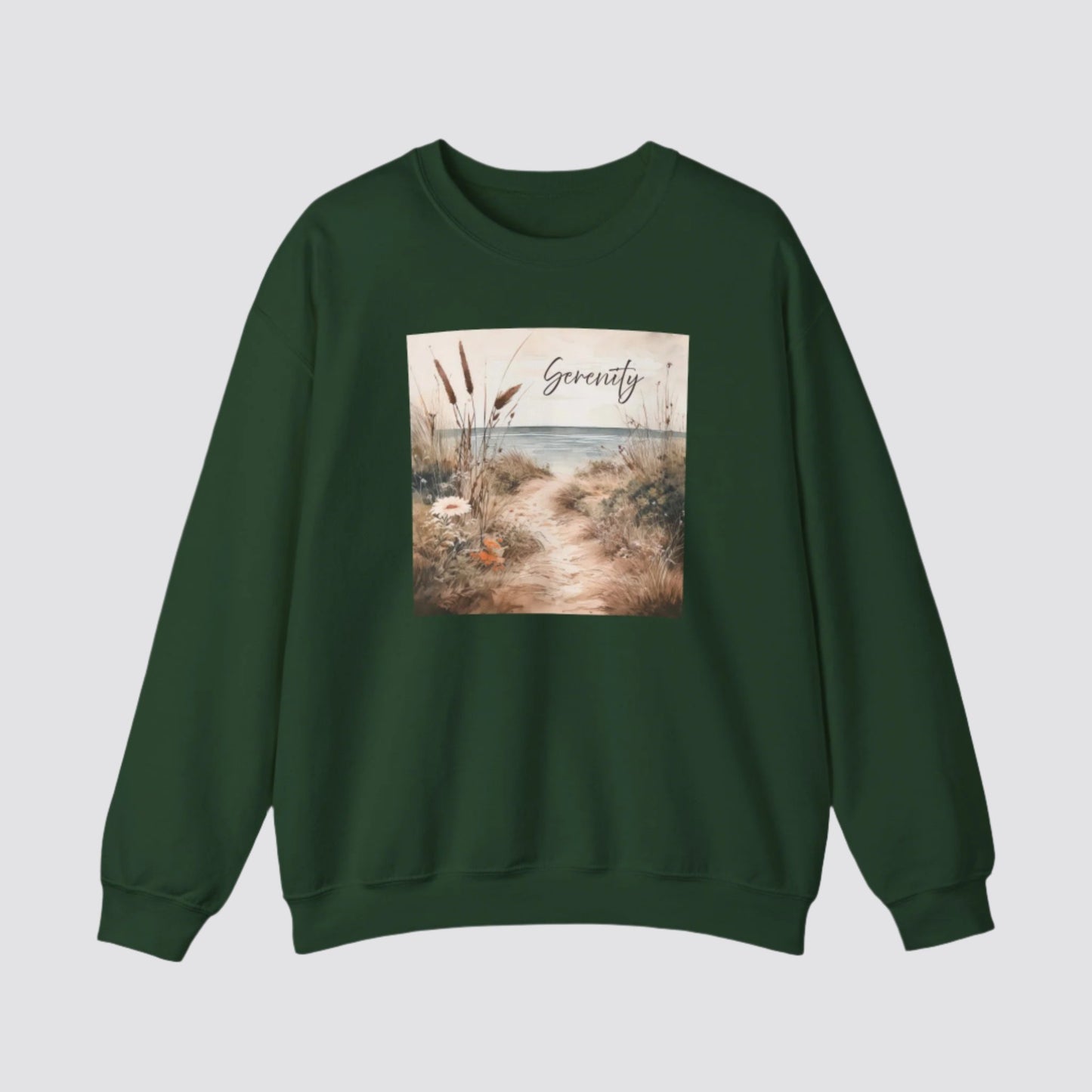 Coastal Serenity Nature-inspired Crewneck Forest Green