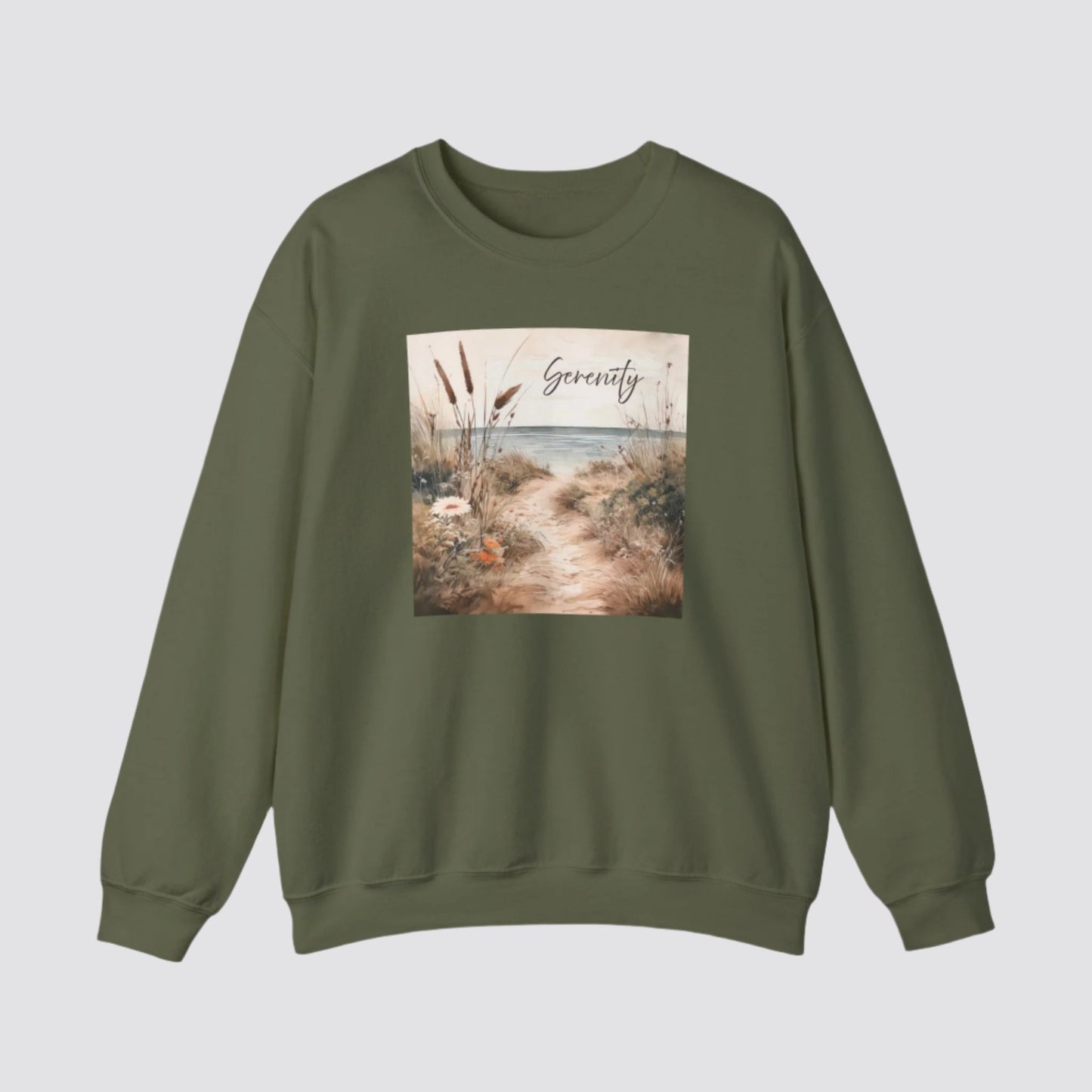 Coastal Serenity Nature-inspired Crewneck Military Green