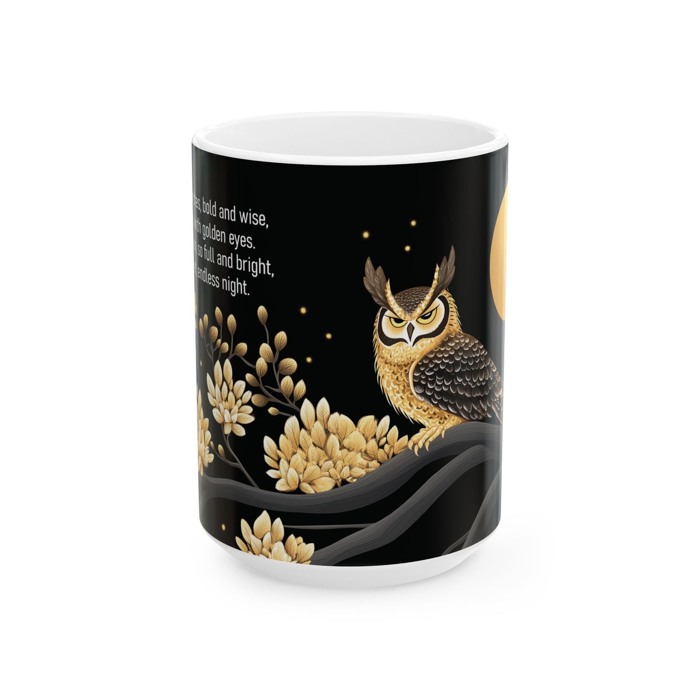 Golden Moonlit Owl Nature-inspired Ceramic Mug - Front