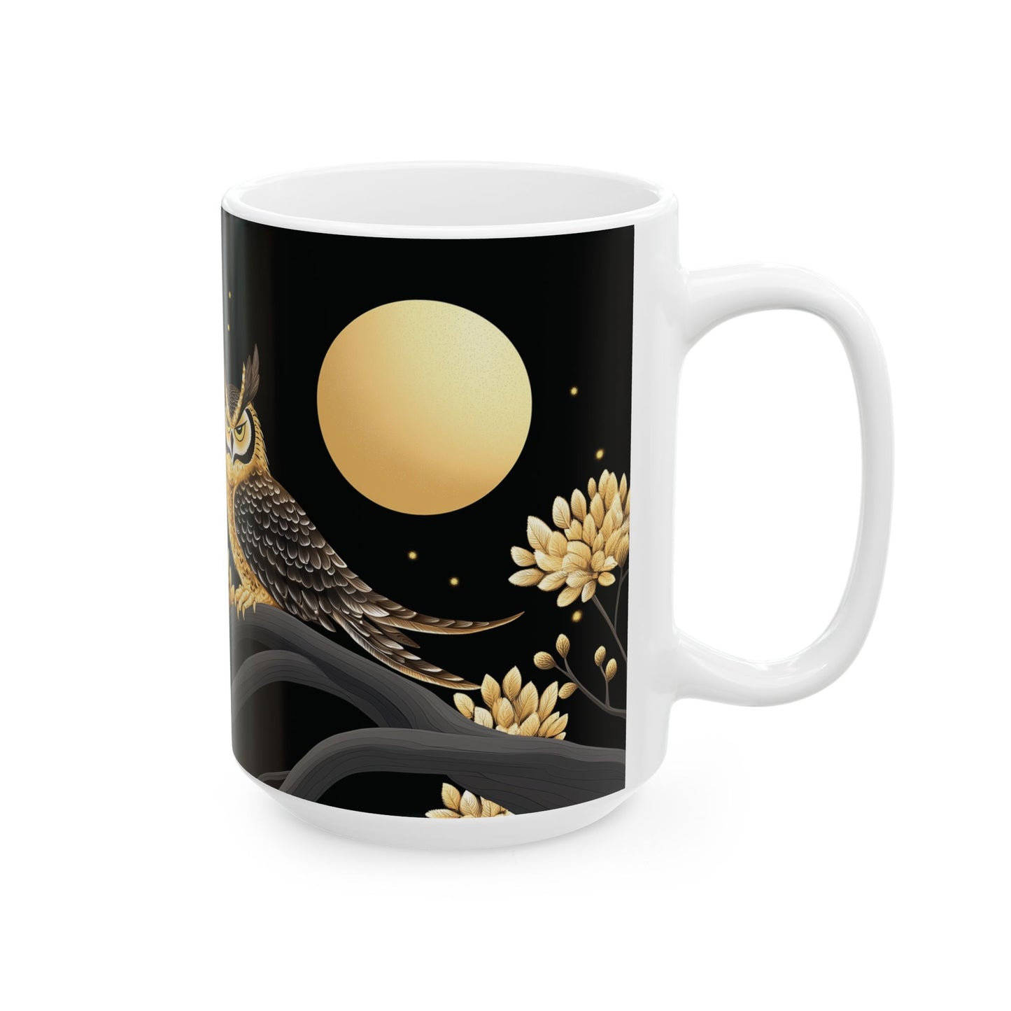Golden Moonlit Owl Nature-inspired Ceramic Mug - Right