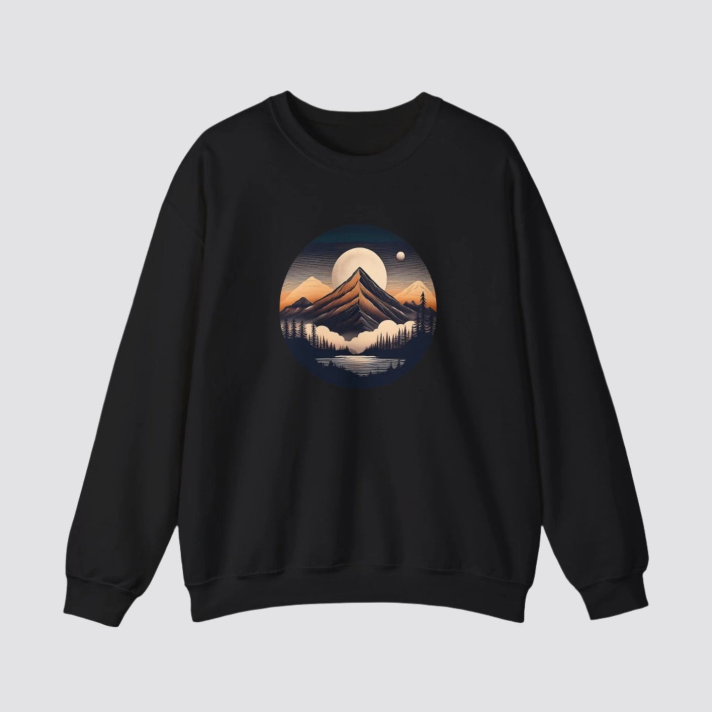 Mountain, Forest & Lake Nature-inspired Crewneck Black