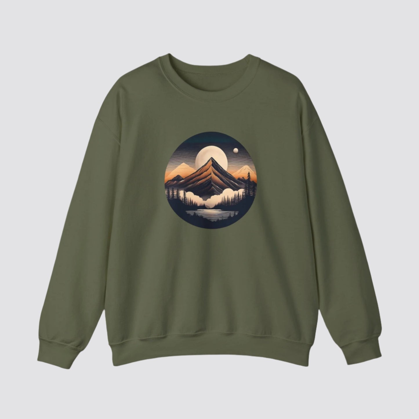 Mountain, Forest & Lake Nature-inspired Crewneck Military Green