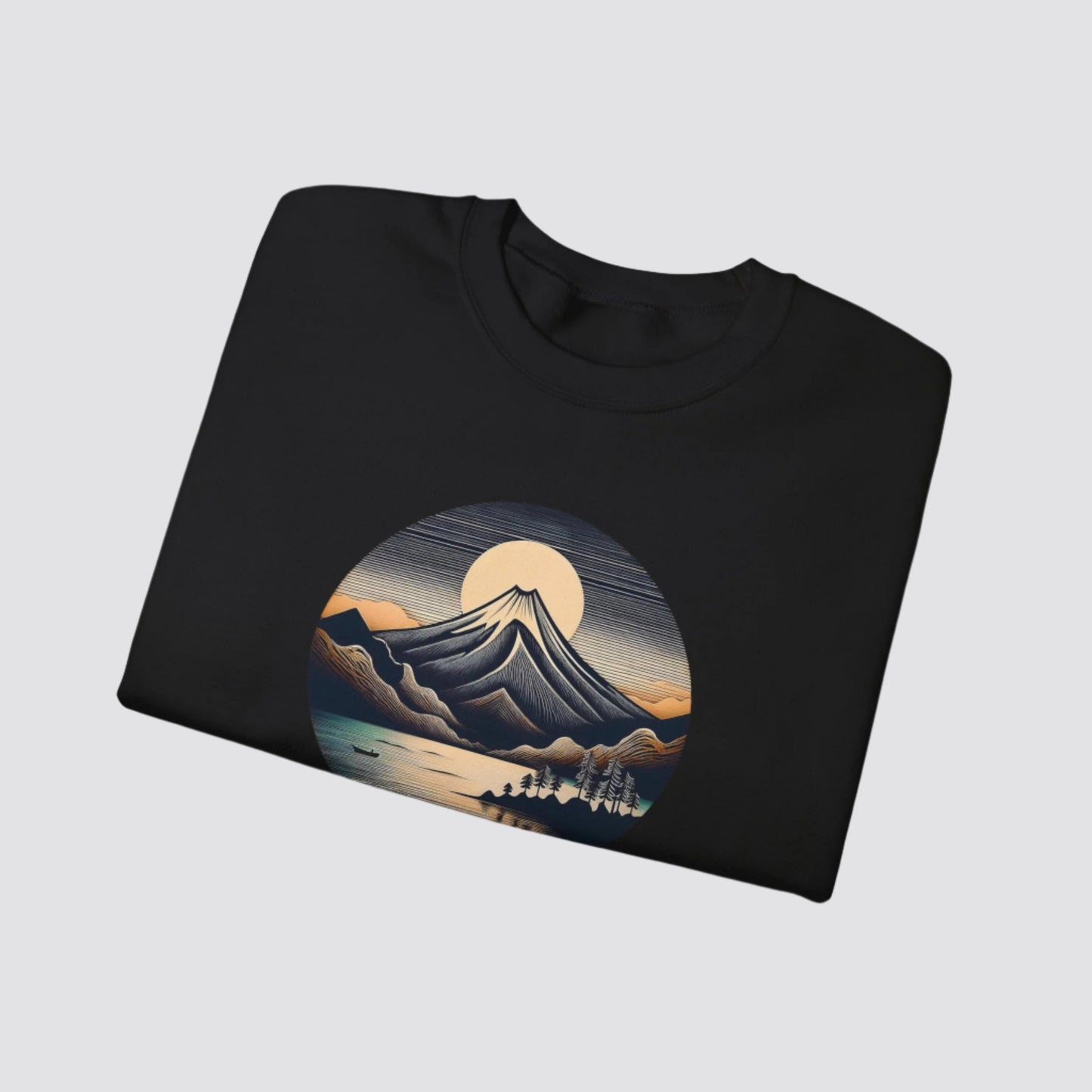 Mountain & Lake Nature-inspired Crewneck Black - Folded