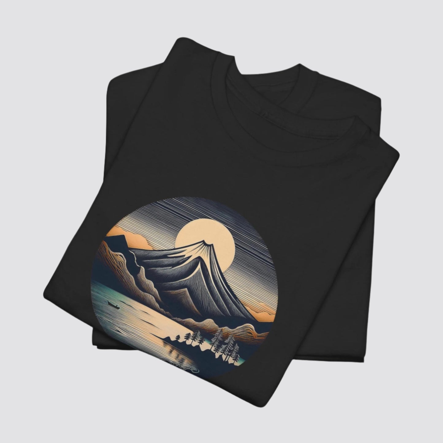 Mountain & Lake Nature-inspired T-shirt Black - Folded
