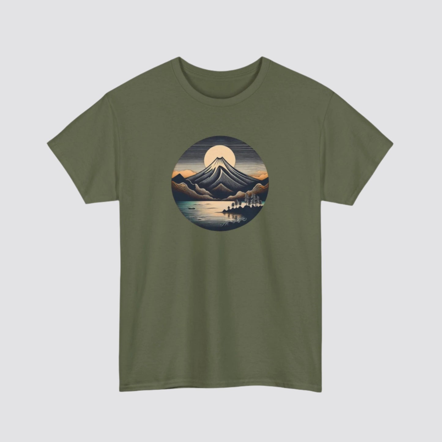 Mountain & Lake Nature-inspired T-shirt Military Green