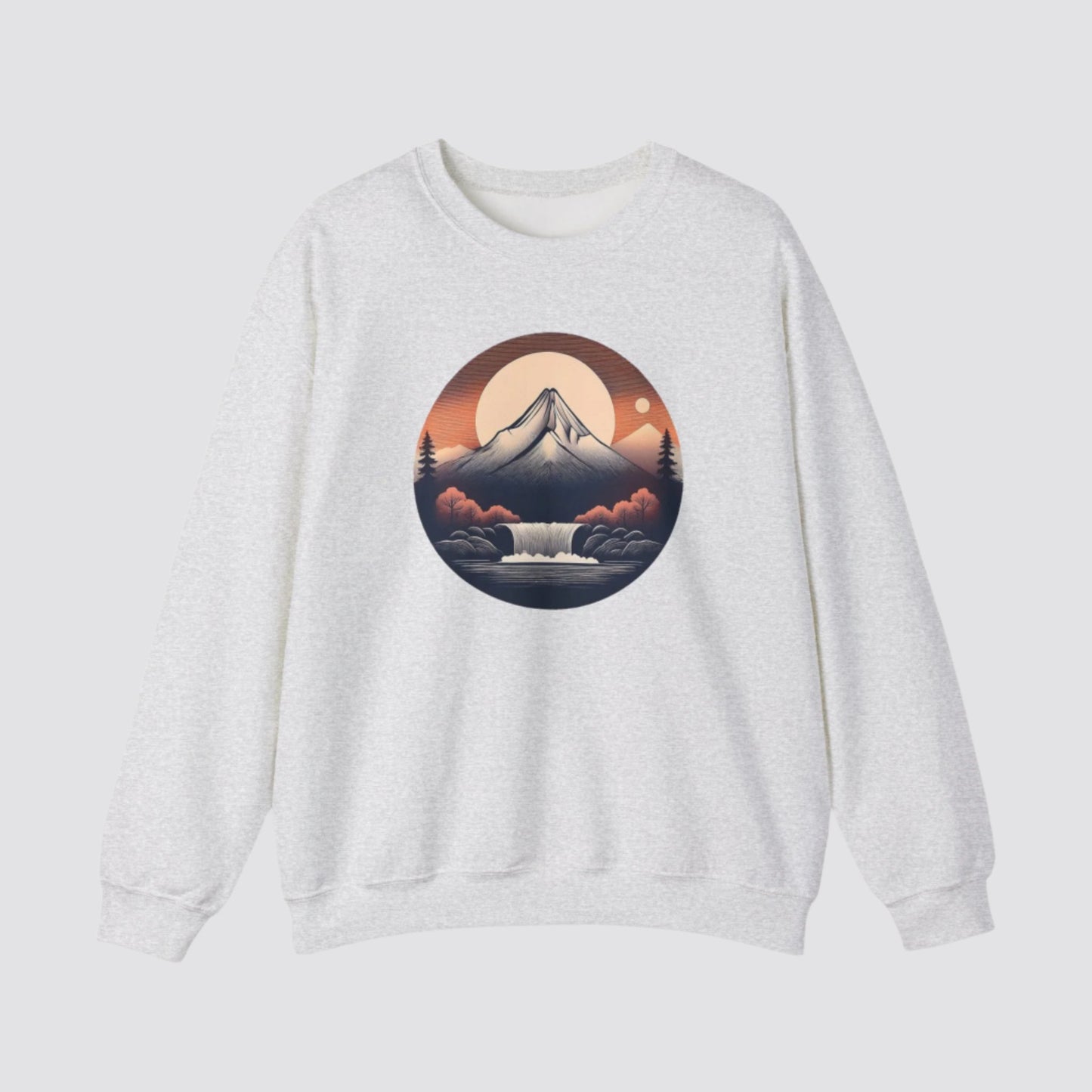Mountain & Waterfall Nature-inspired Crewneck Ash