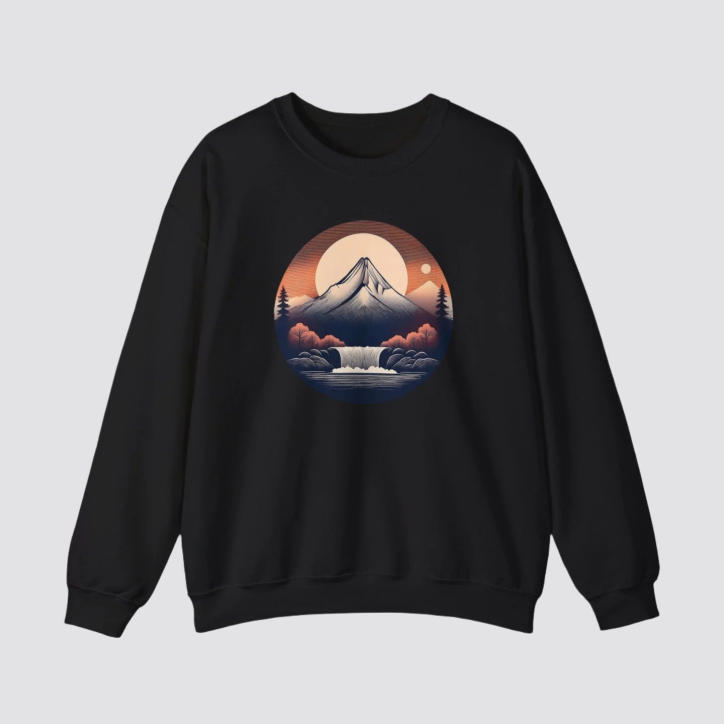 Mountain & Waterfall Nature-inspired Crewneck Black