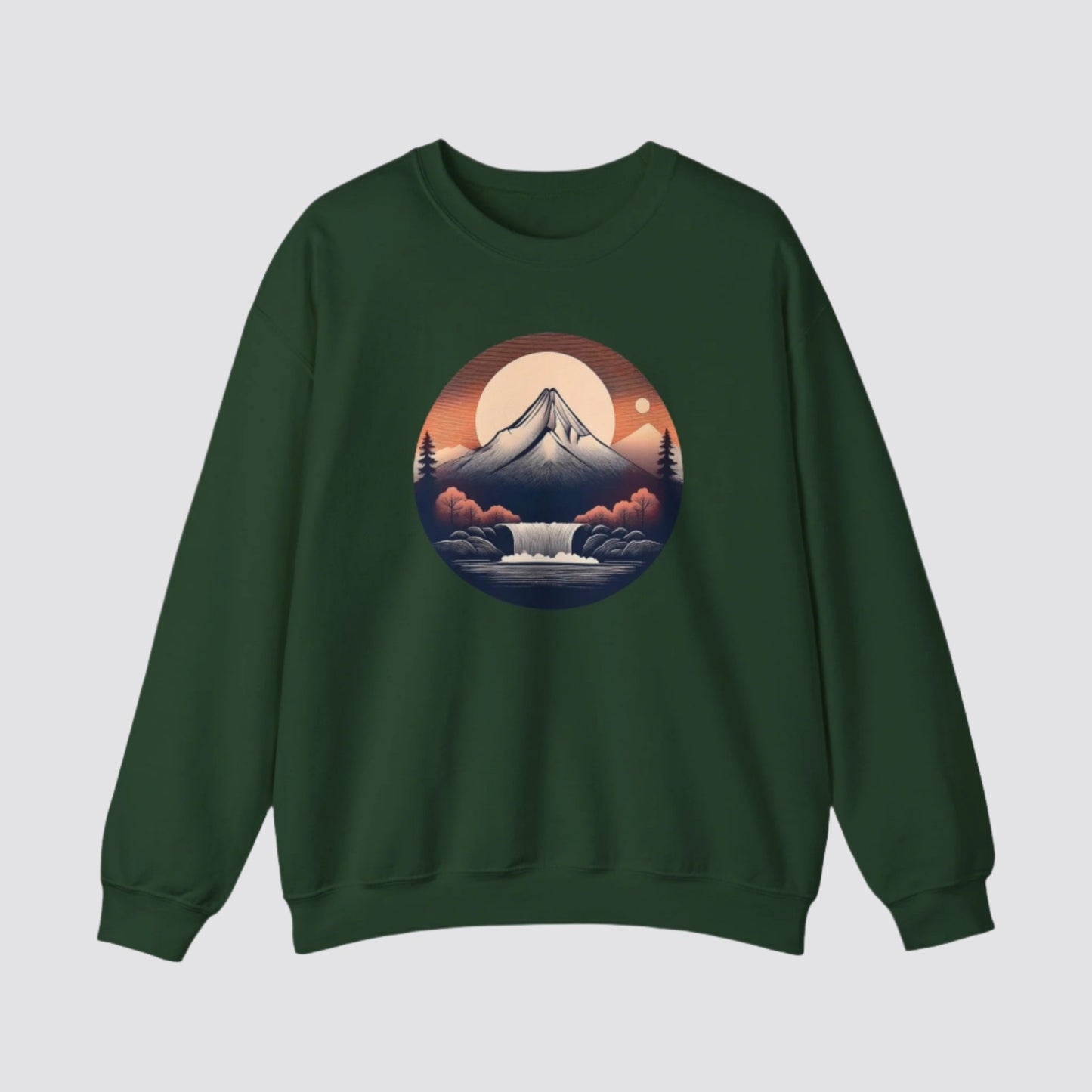 Mountain & Waterfall Nature-themed Crewneck Forest Green