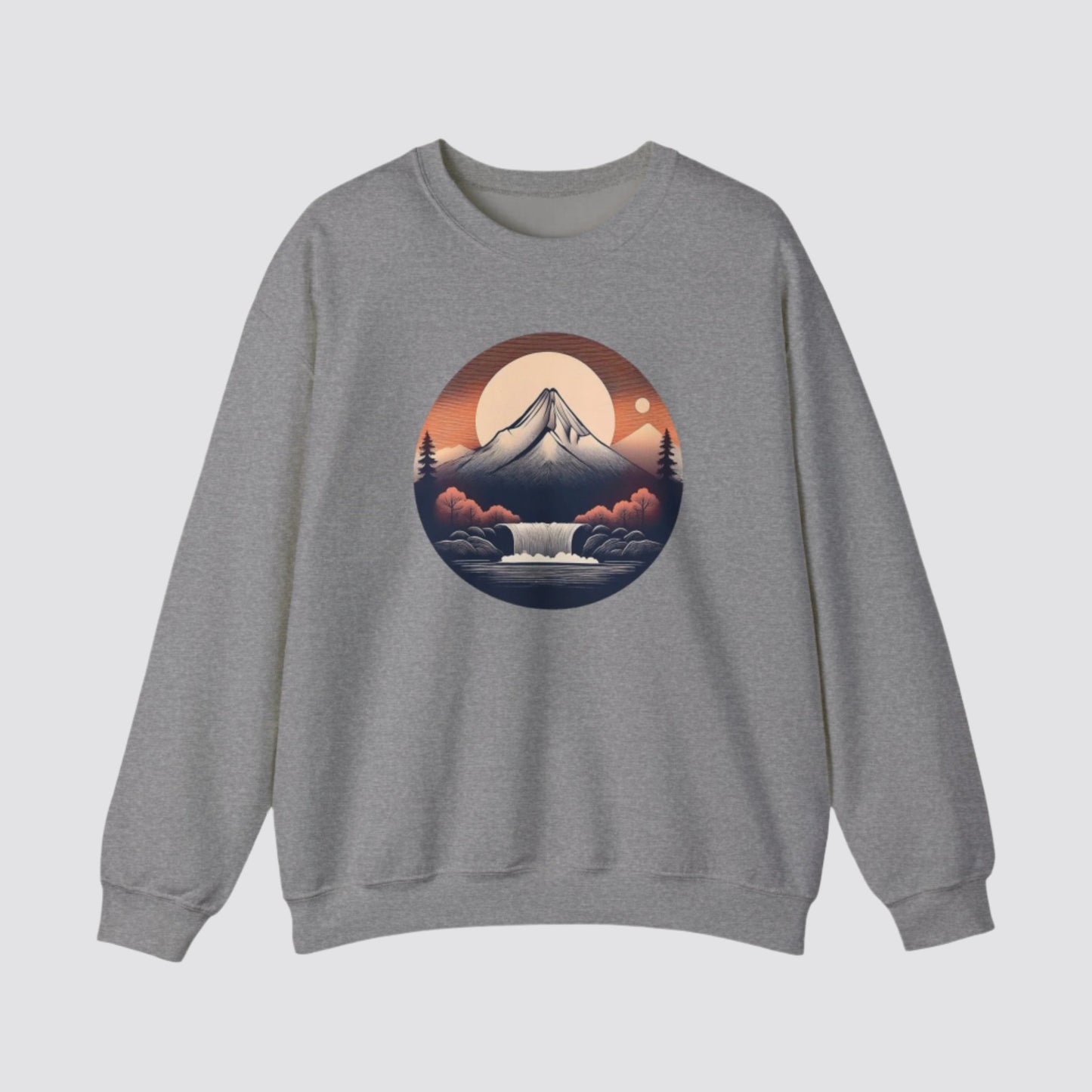Mountain & Waterfall Nature-inspired Crewneck Graphite Heather