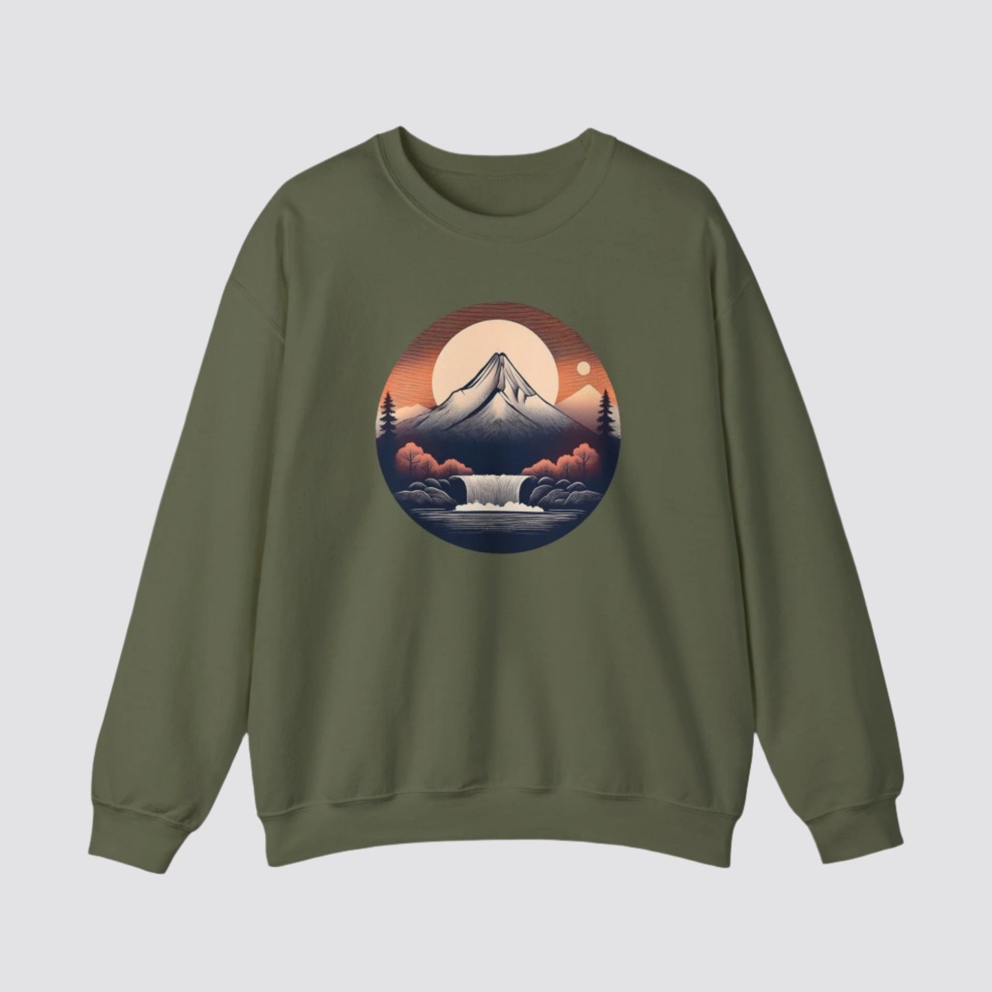 Mountain & Waterfall Nature-inspired Crewneck Military Green