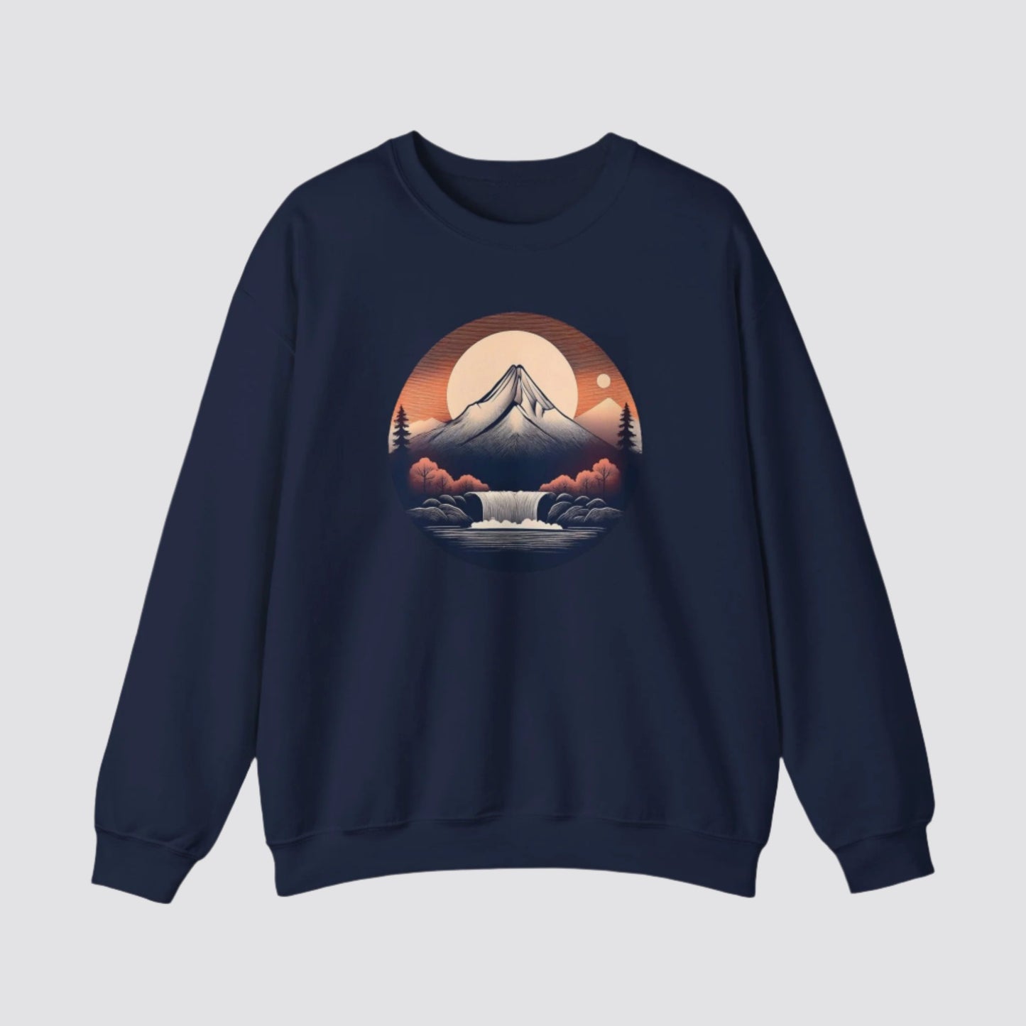 Mountain & Waterfall Nature-inspired Crewneck Navy