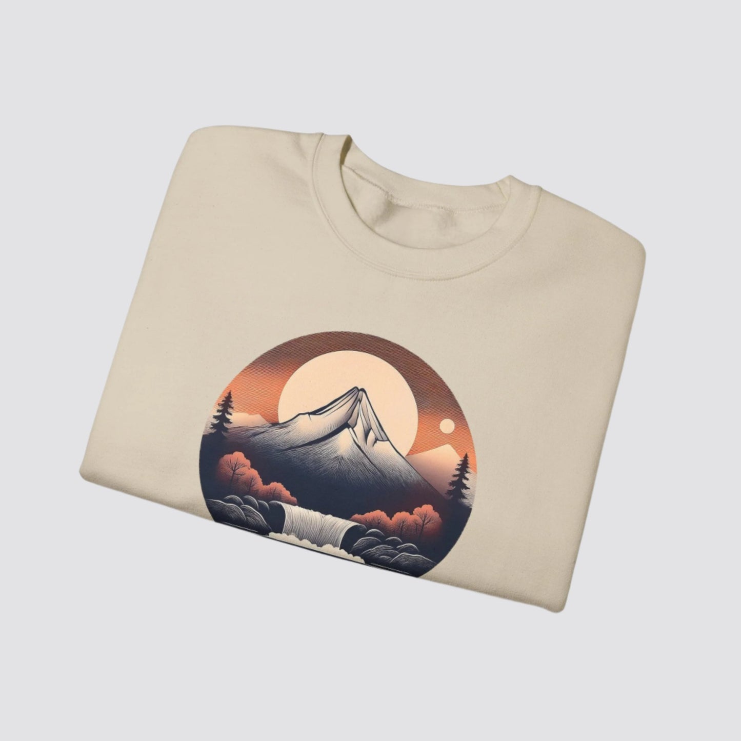 Mountain & Waterfall Nature-inspired Crewneck Sand - Folded