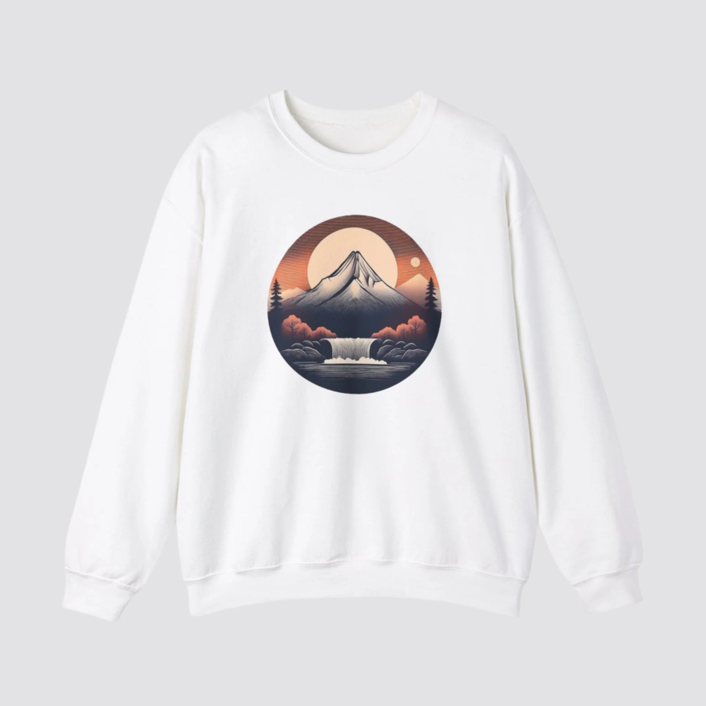 Mountain & Waterfall Nature-inspired Crewneck White