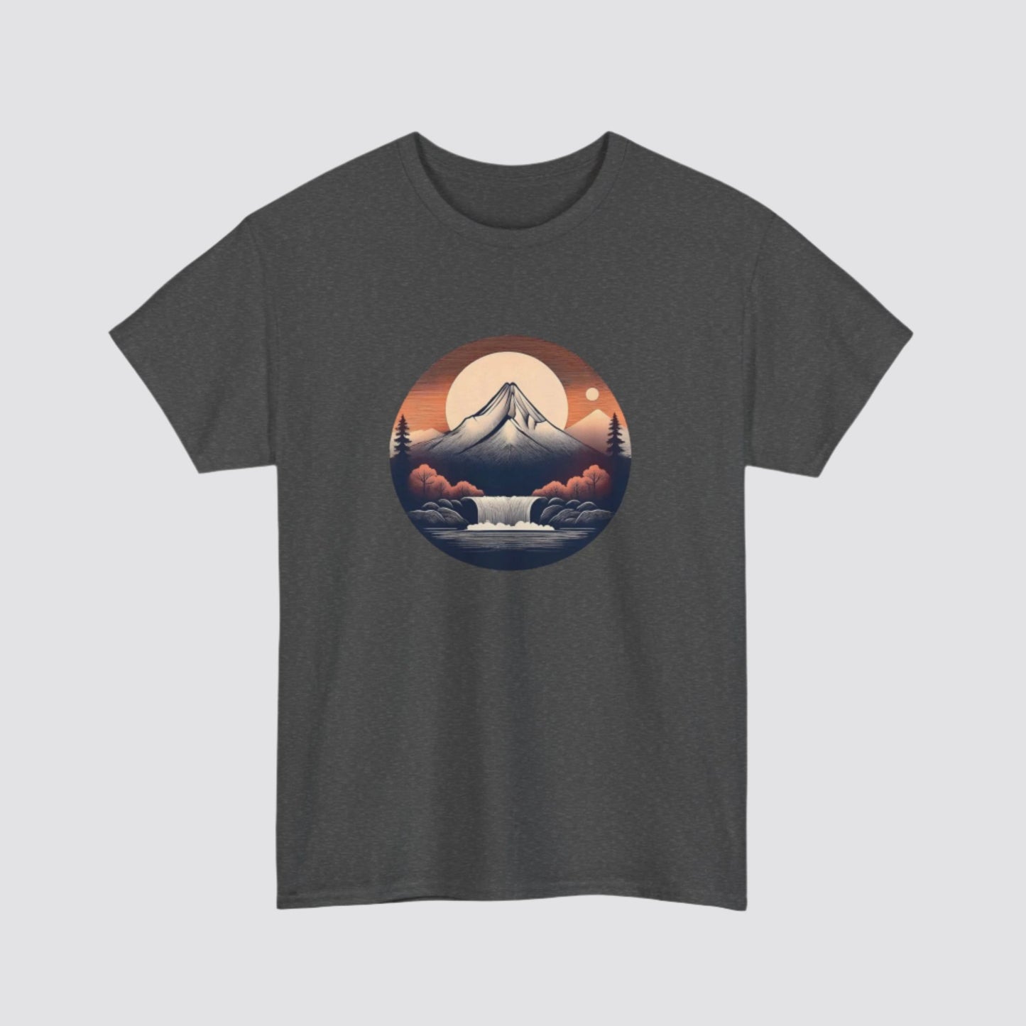 Mountain & Waterfall Nature-inspired T-shirt Dark Heather