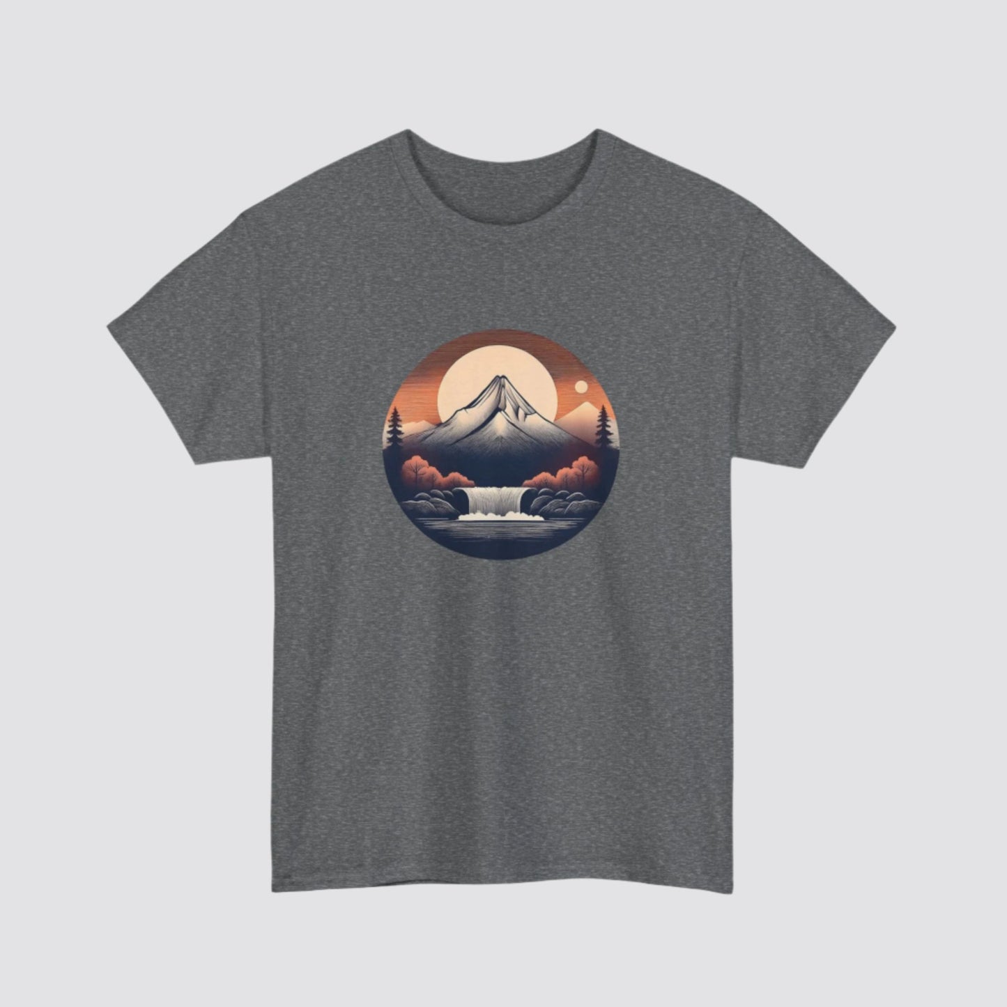 Mountain & Waterfall Nature-inspired T-shirt Graphite Heather