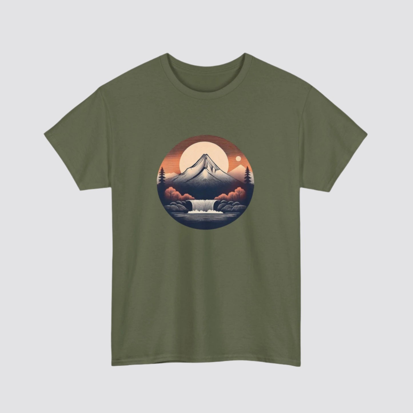Mountain & Waterfall Nature-inspired T-shirt Military Green