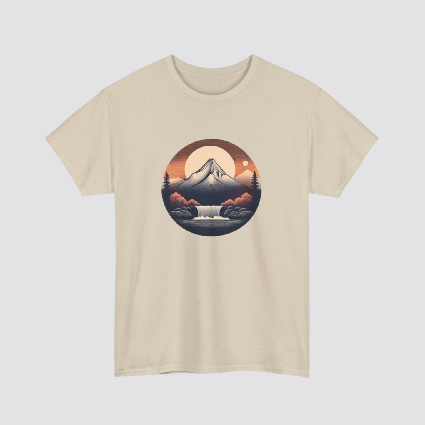 Mountain & Waterfall Nature-inspired T-shirt Sand