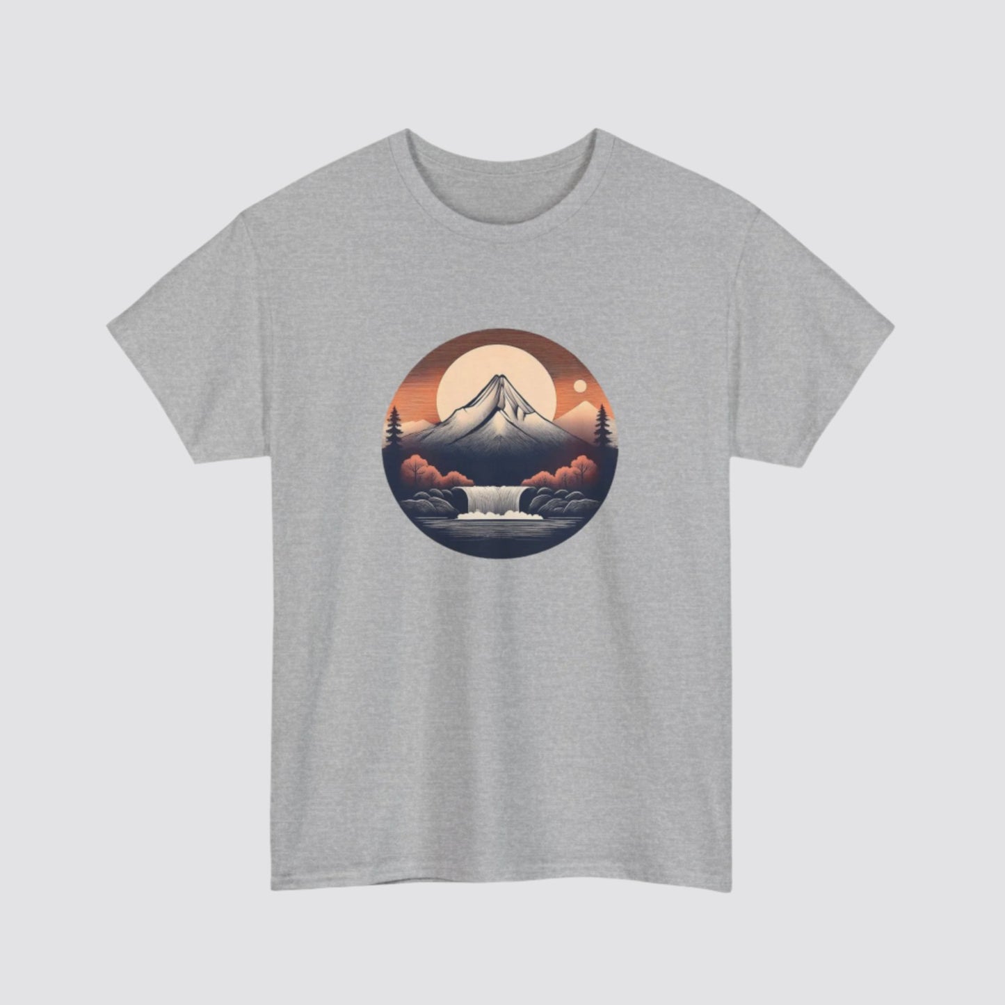 Mountain & Waterfall Nature-inspired T-shirt Sport Grey