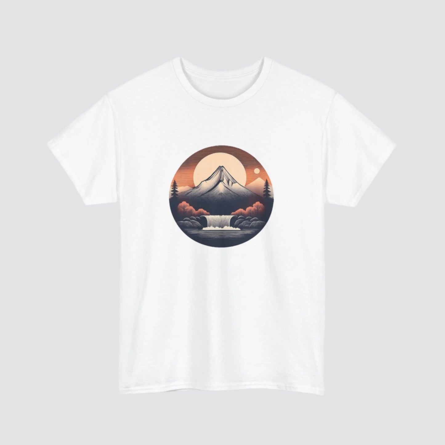 Mountain & Waterfall Nature-inspired T-shirt White