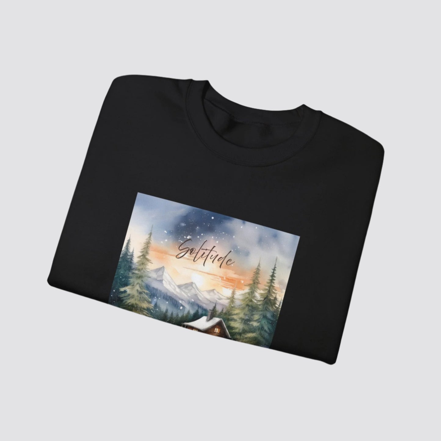 Solitude Cabin Nature-inspired Crewneck Black - Folded