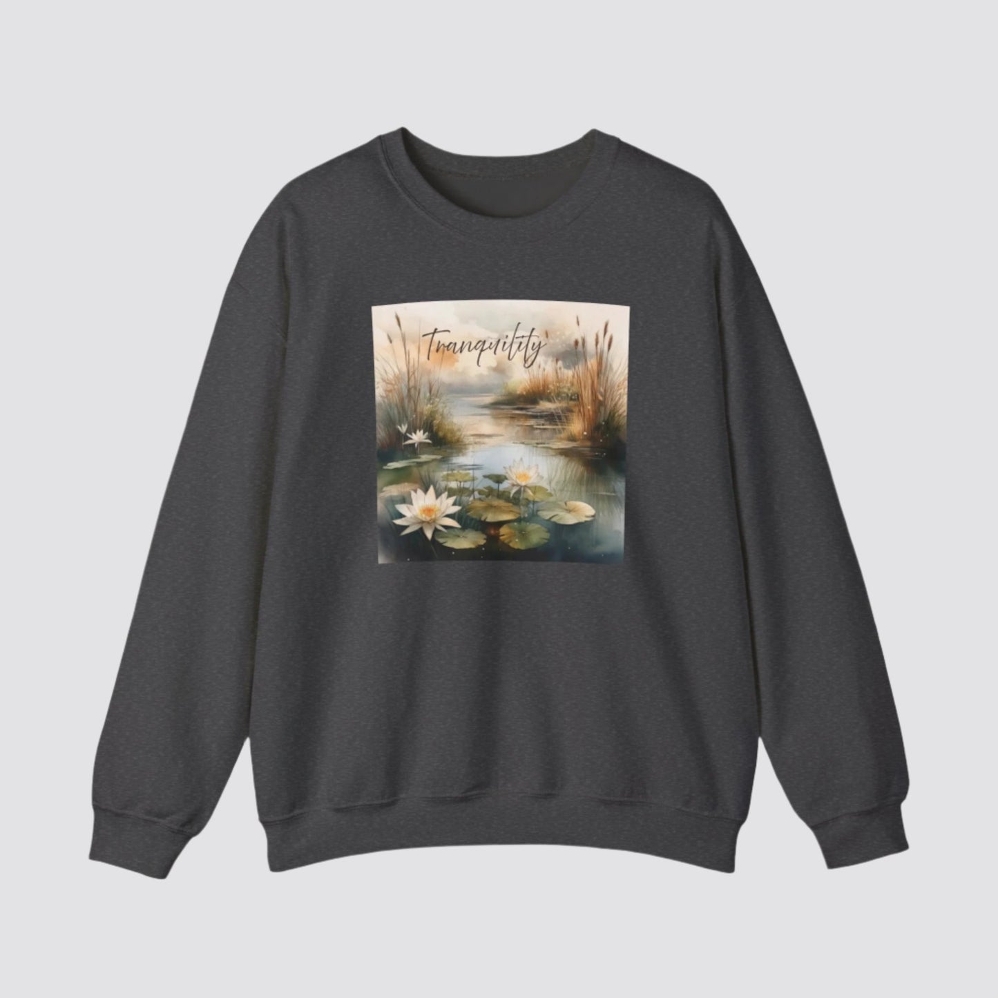 Tranquility Pond Nature-inspired Crewneck Dark Heather