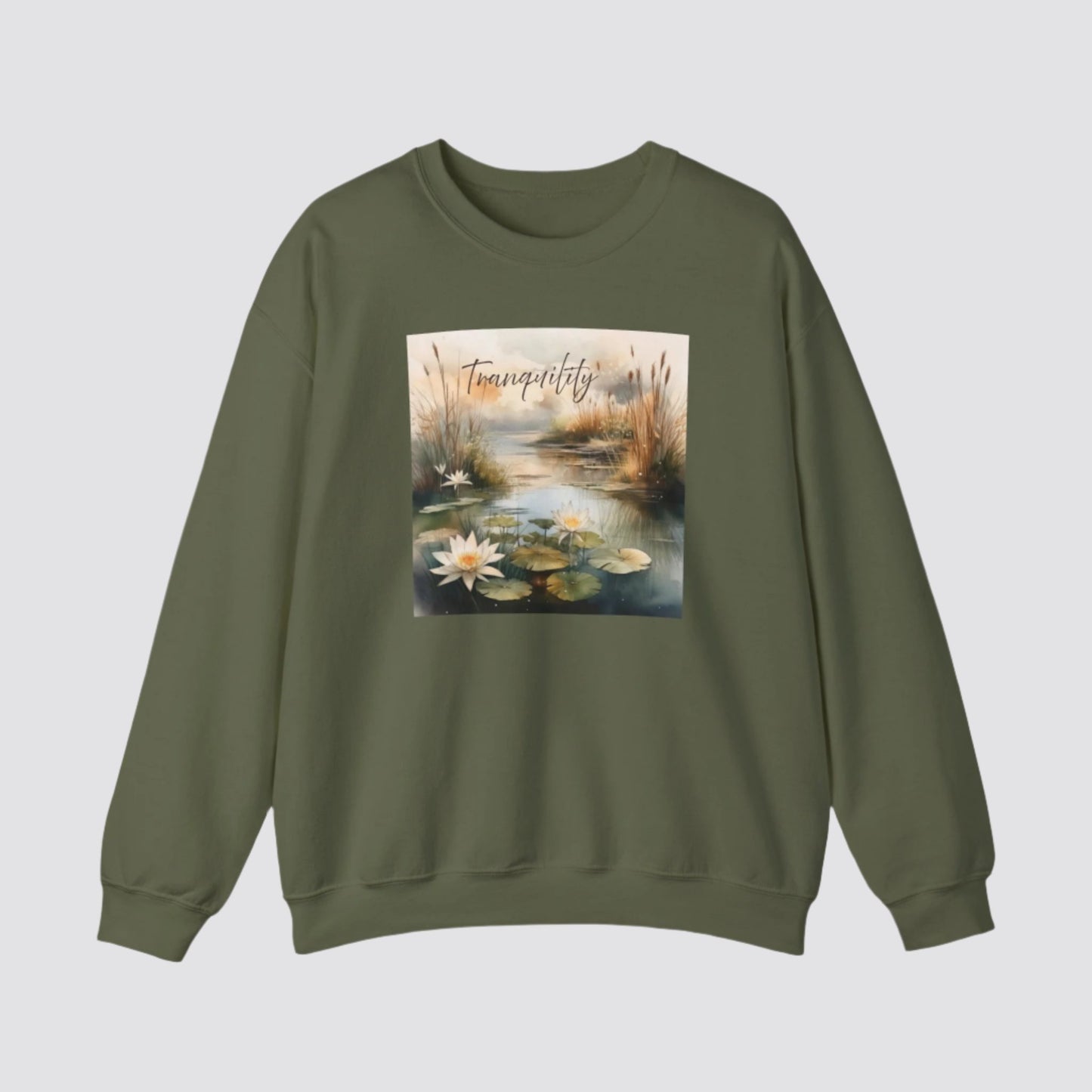Tranquility Pond Nature-inspired Crewneck Military Green