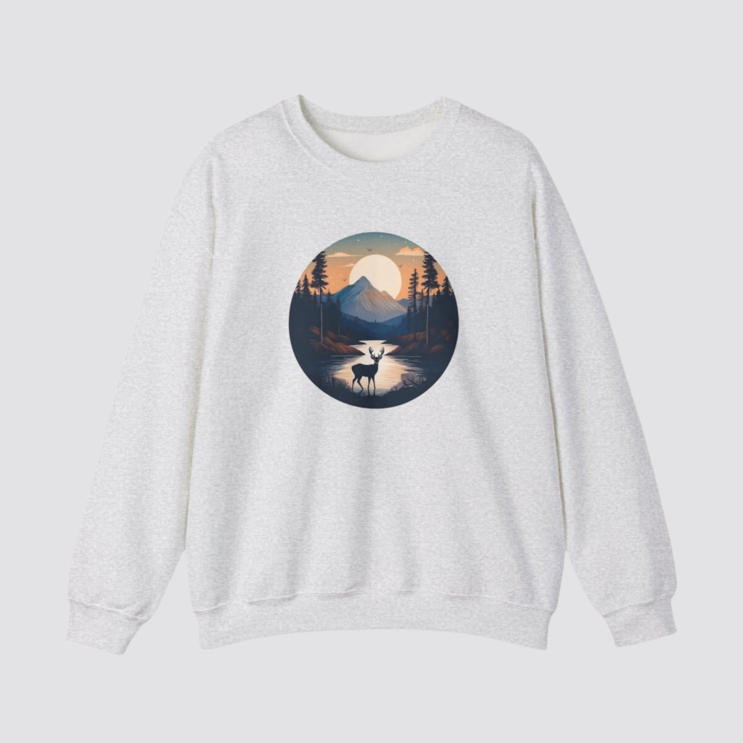Twilight Forest Deer Nature-inspired Crewneck Ash