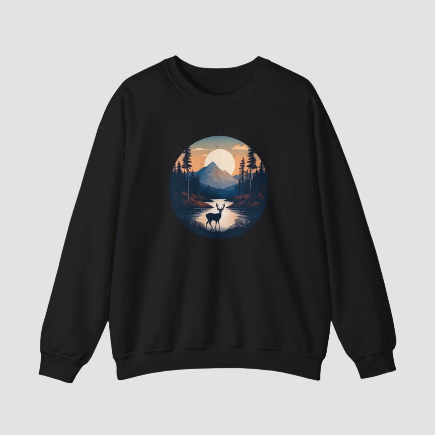 Twilight Forest Deer Nature-inspired Crewneck Black