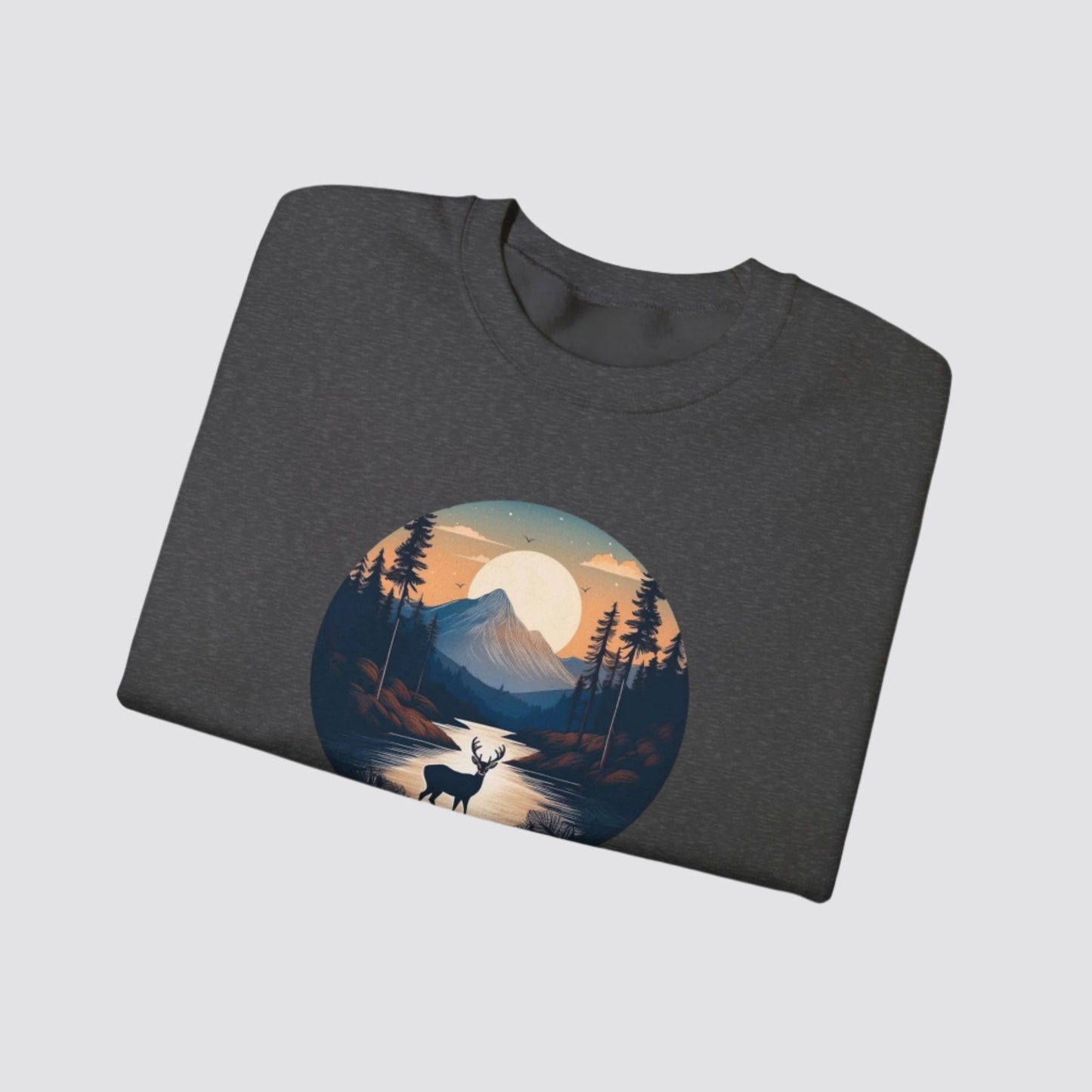 Twilight Forest Deer Nature-inspired Crewneck Dark Heather - Folded