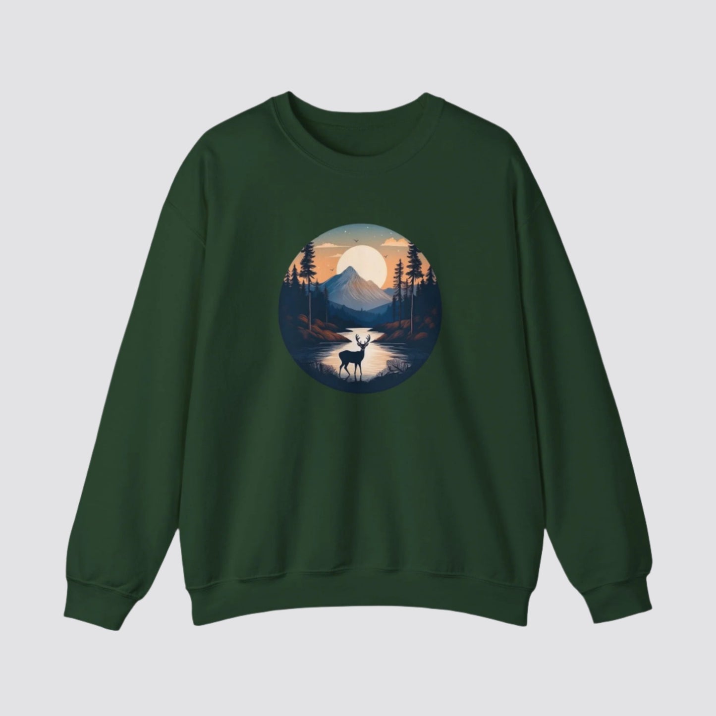 Twilight Forest Deer Nature-inspired Crewneck Forest Green
