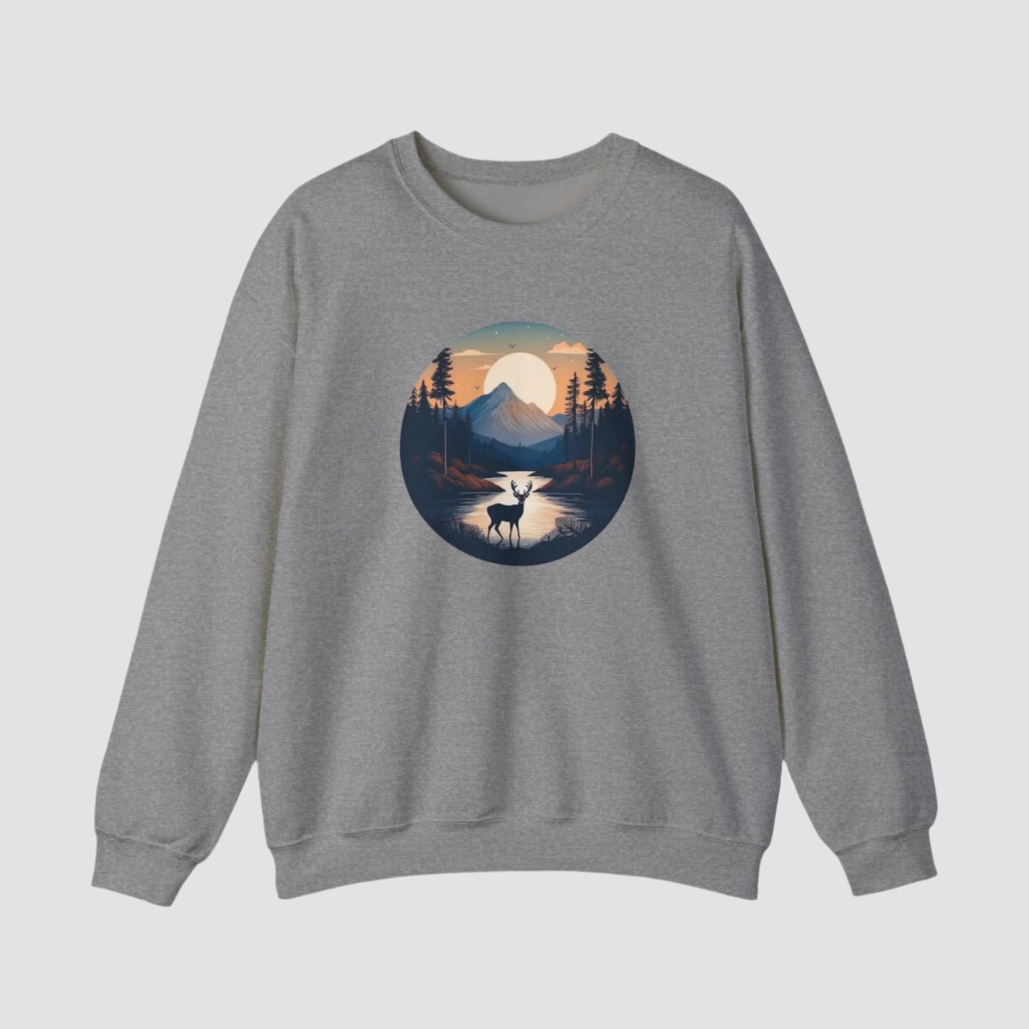 Twilight Forest Deer Nature-inspired Crewneck Graphite Heather