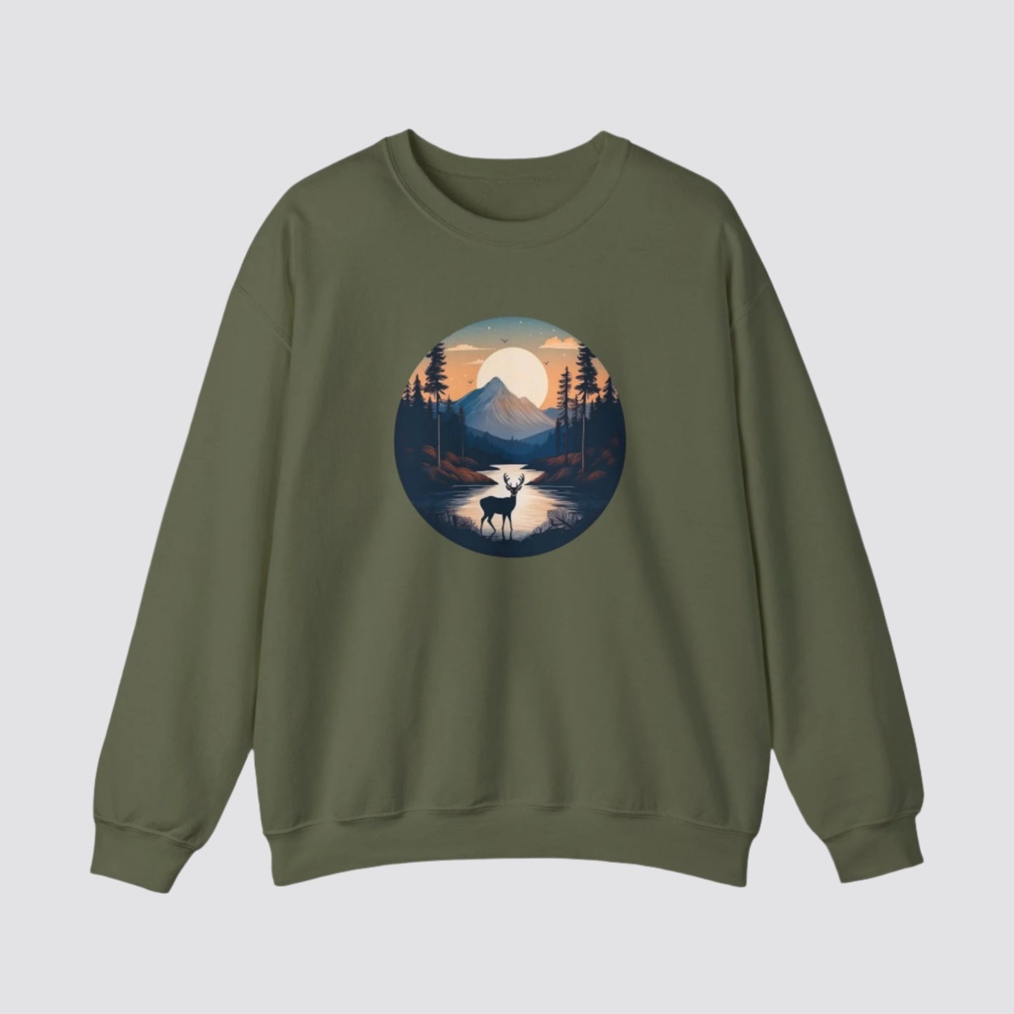 Twilight Forest Deer Nature-inspired Crewneck Military Green