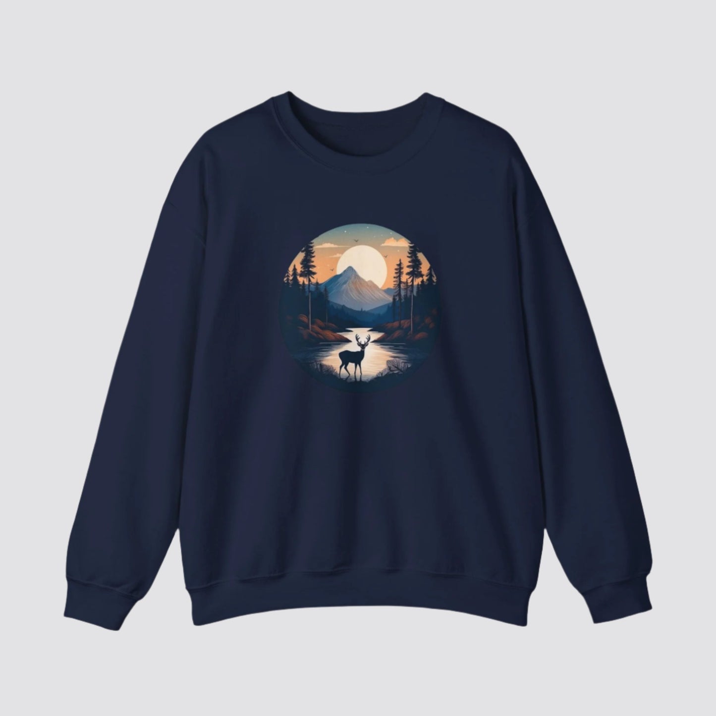 Twilight Forest Deer Nature-inspired Crewneck Navy