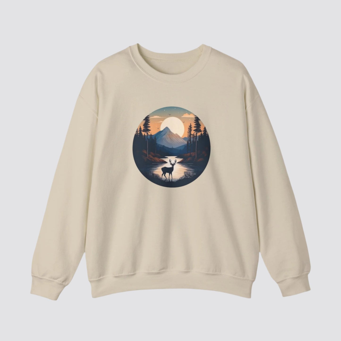 Twilight Forest Deer Nature-inspired Crewneck Sand