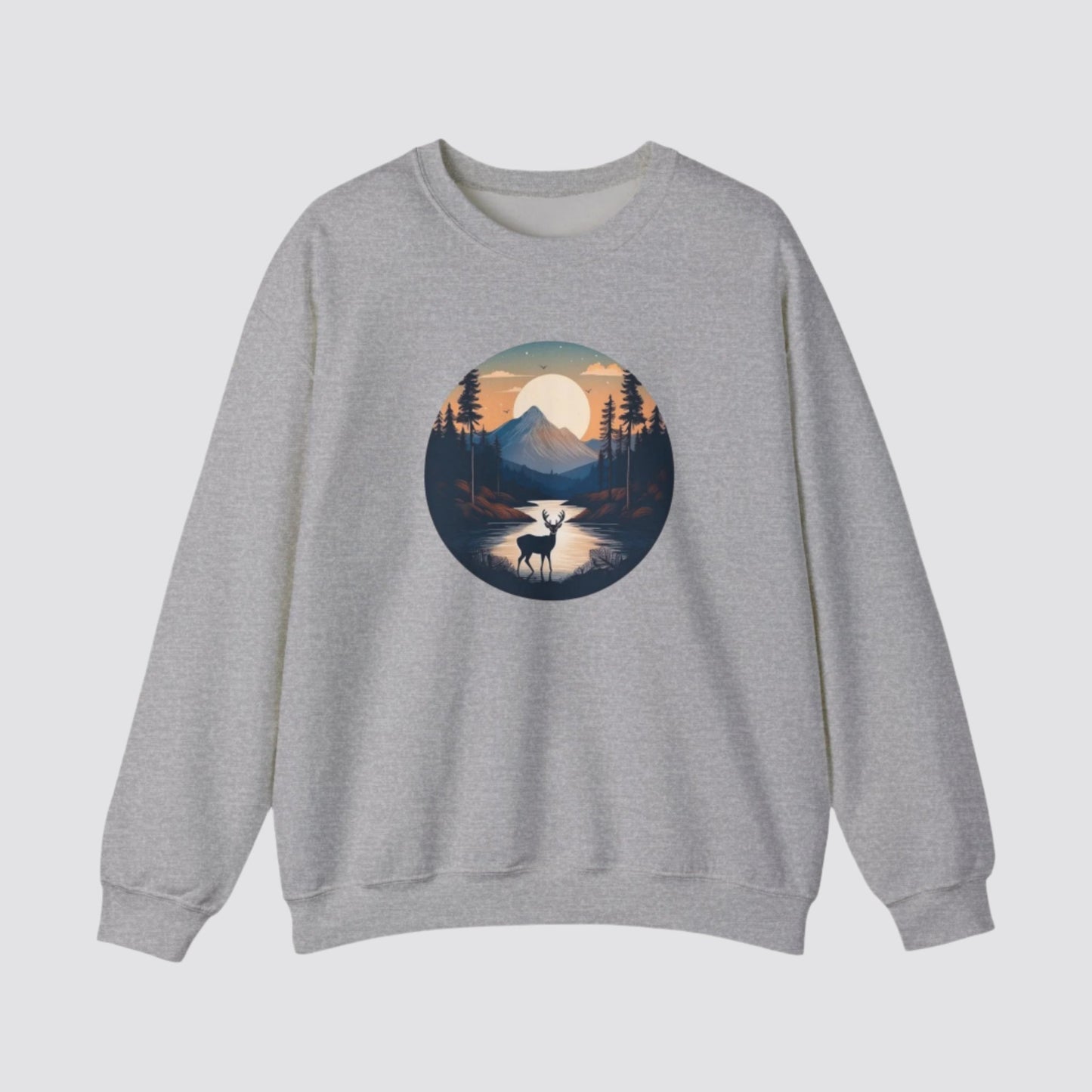 Twilight Forest Deer Nature-inspired Crewneck Sport Grey
