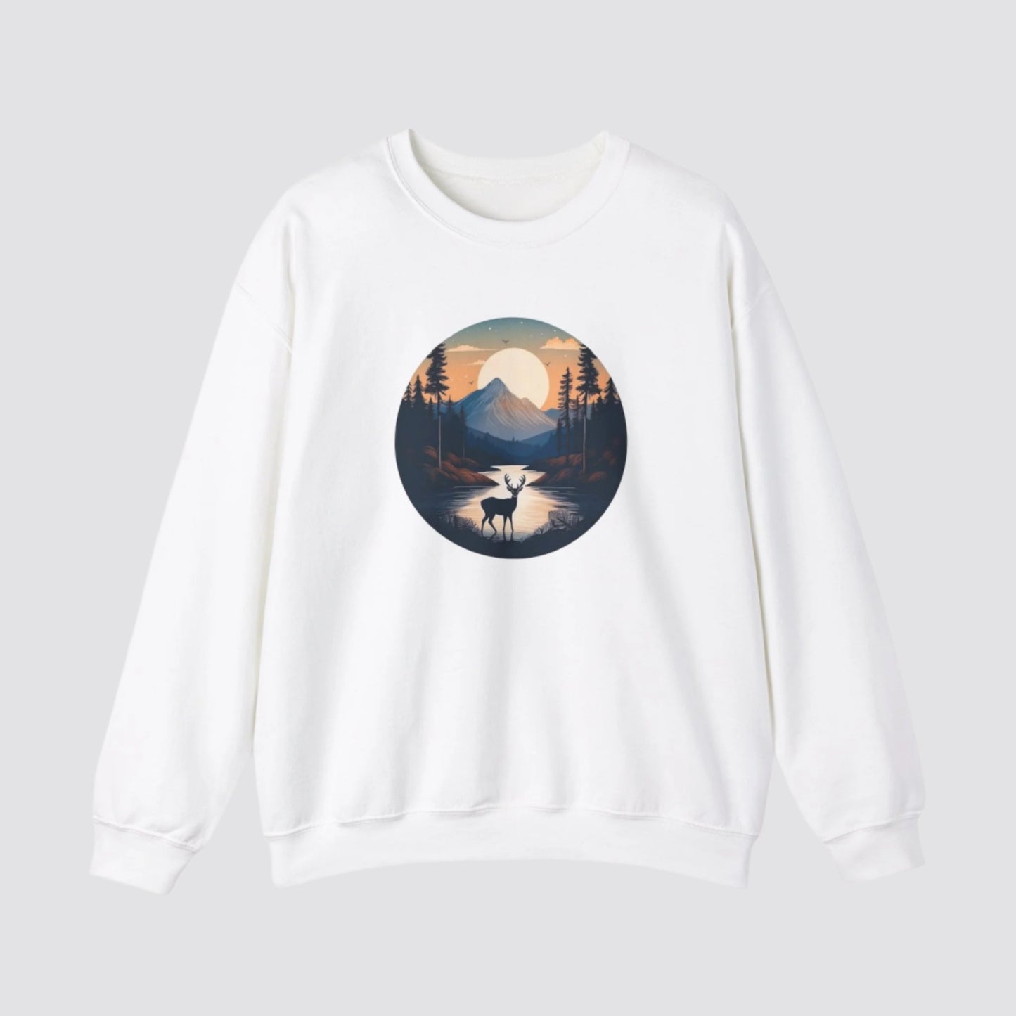 Twilight Forest Deer Nature-inspired Crewneck White