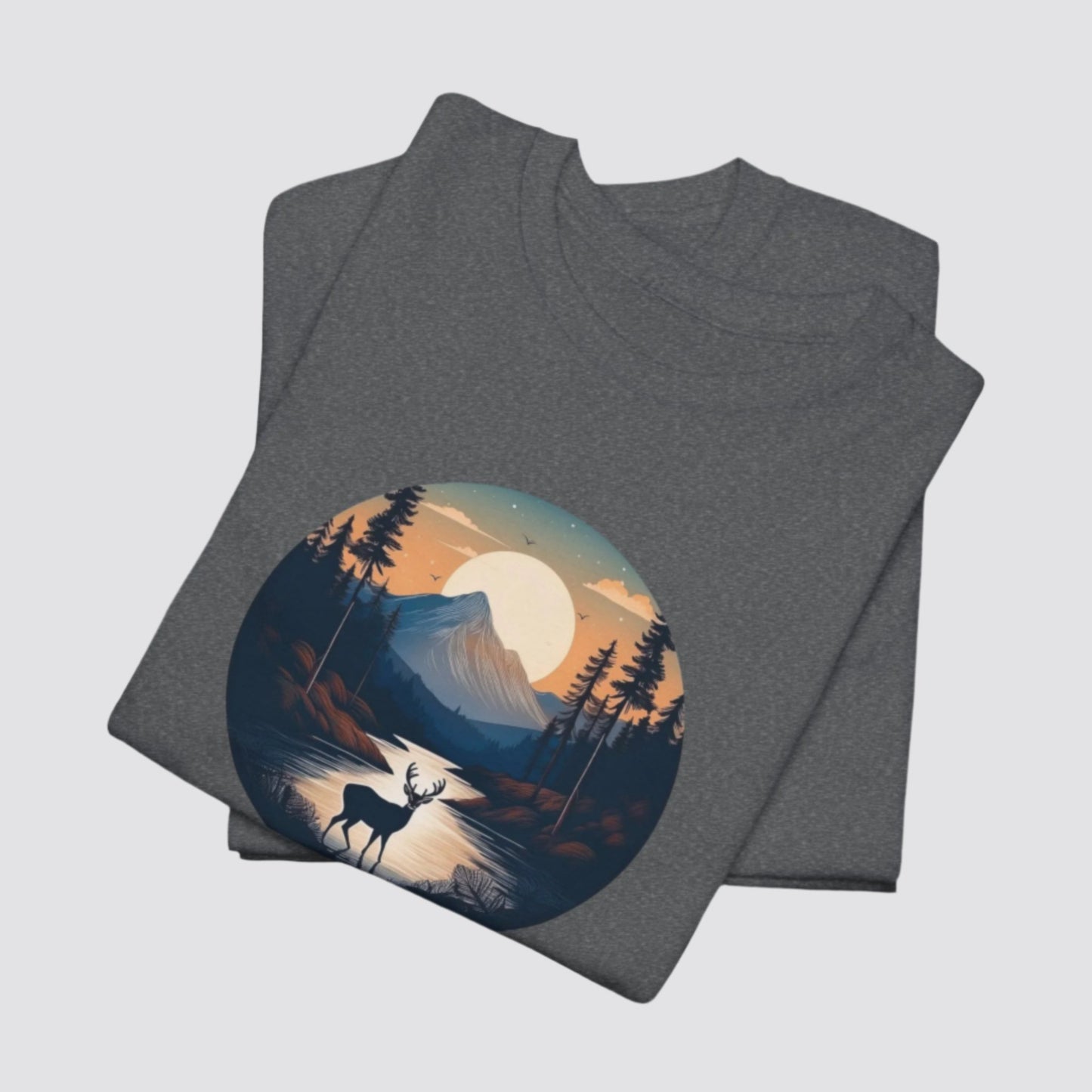 Twilight Forest Deer Nature-inspired T-shirt Dark Heather - Folded