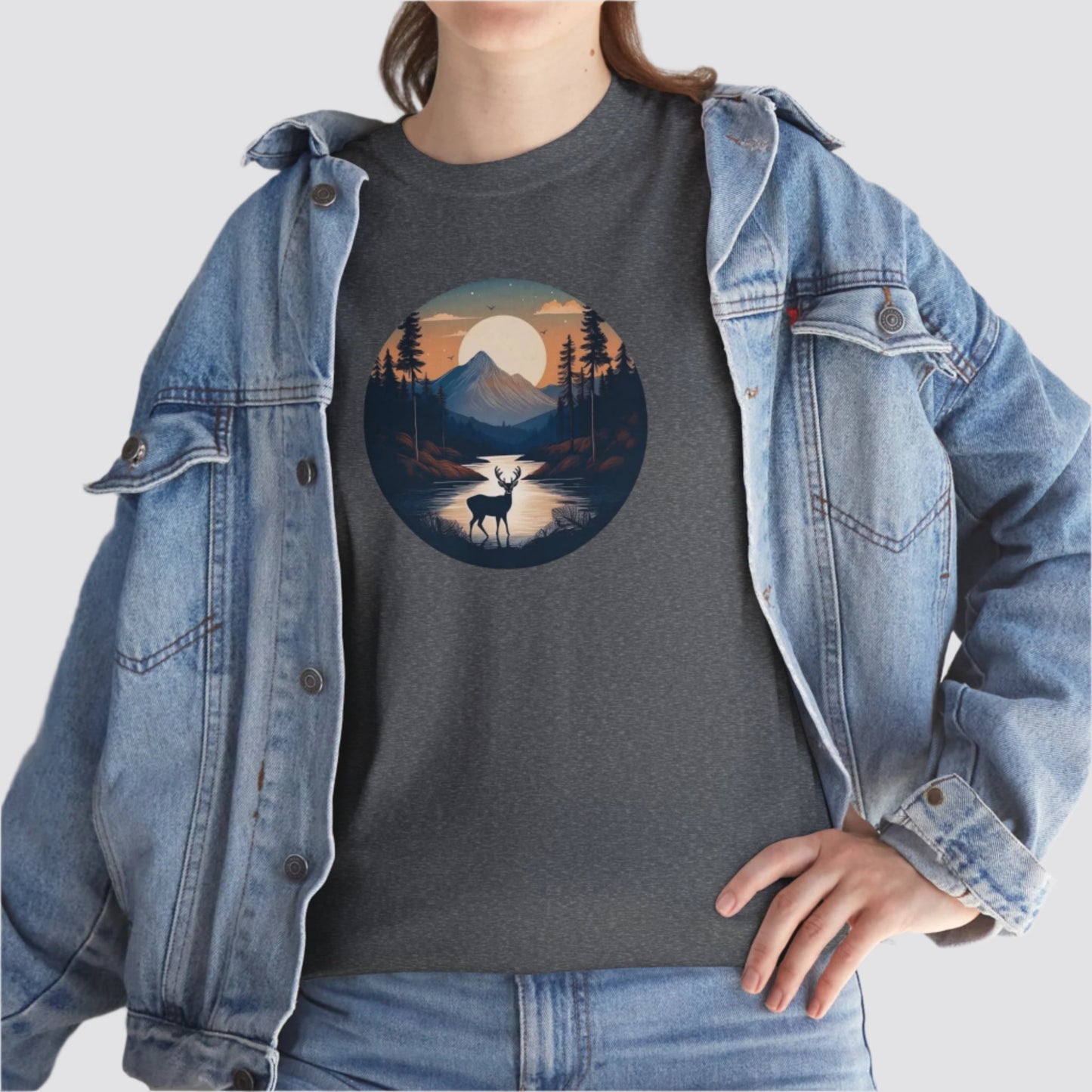Twilight Forest Deer Nature-inspired T-shirt Dark Heather - Model