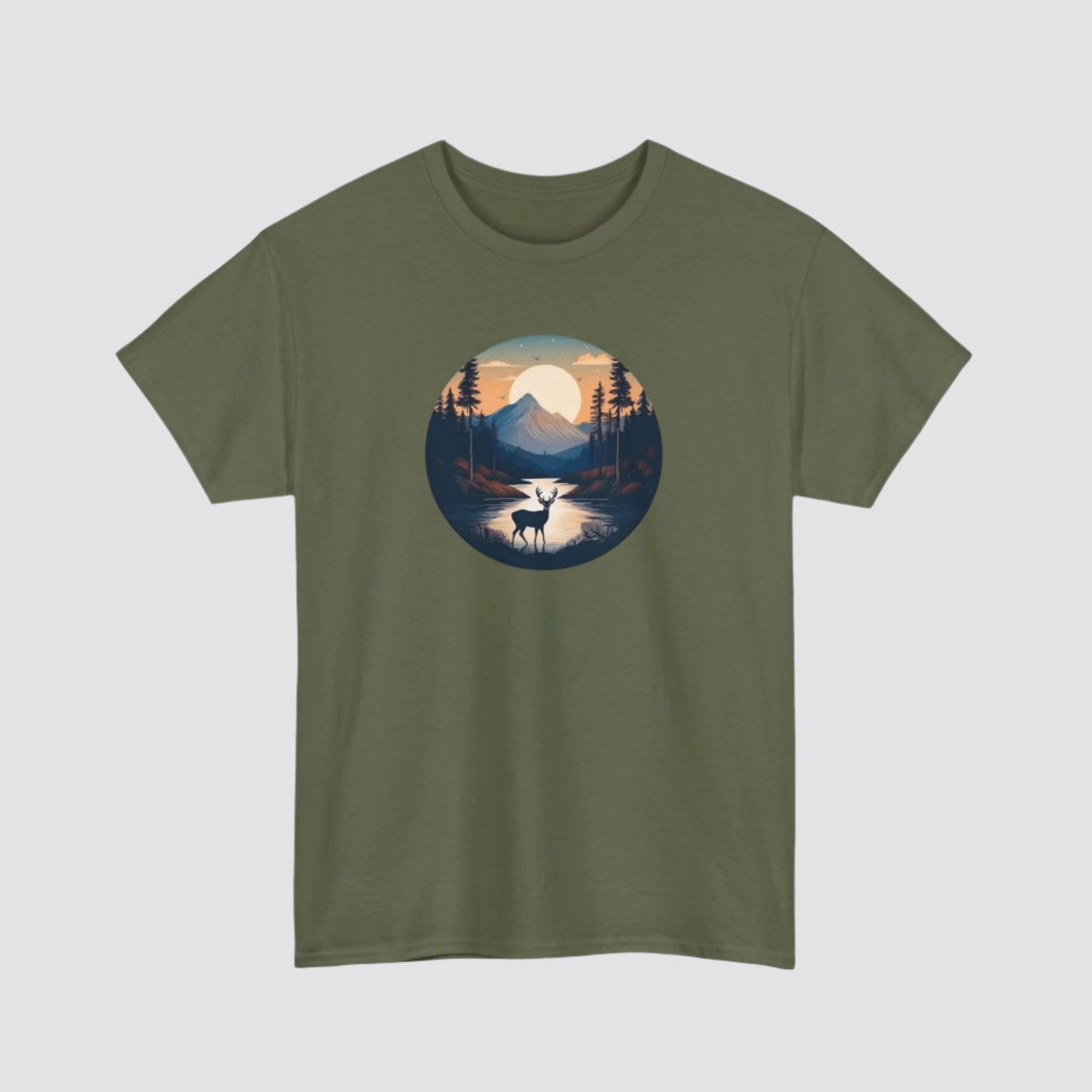 Twilight Forest Deer Nature-inspired T-shirt Military Green