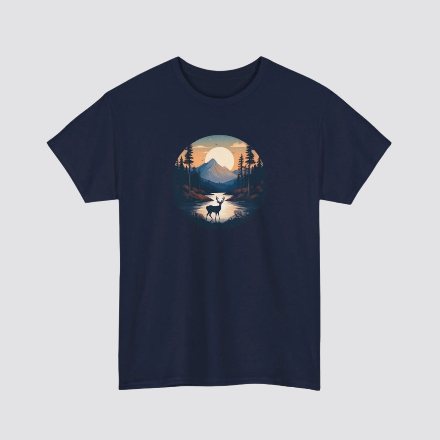 Twilight Forest Deer Nature-inspired T-shirt Navy