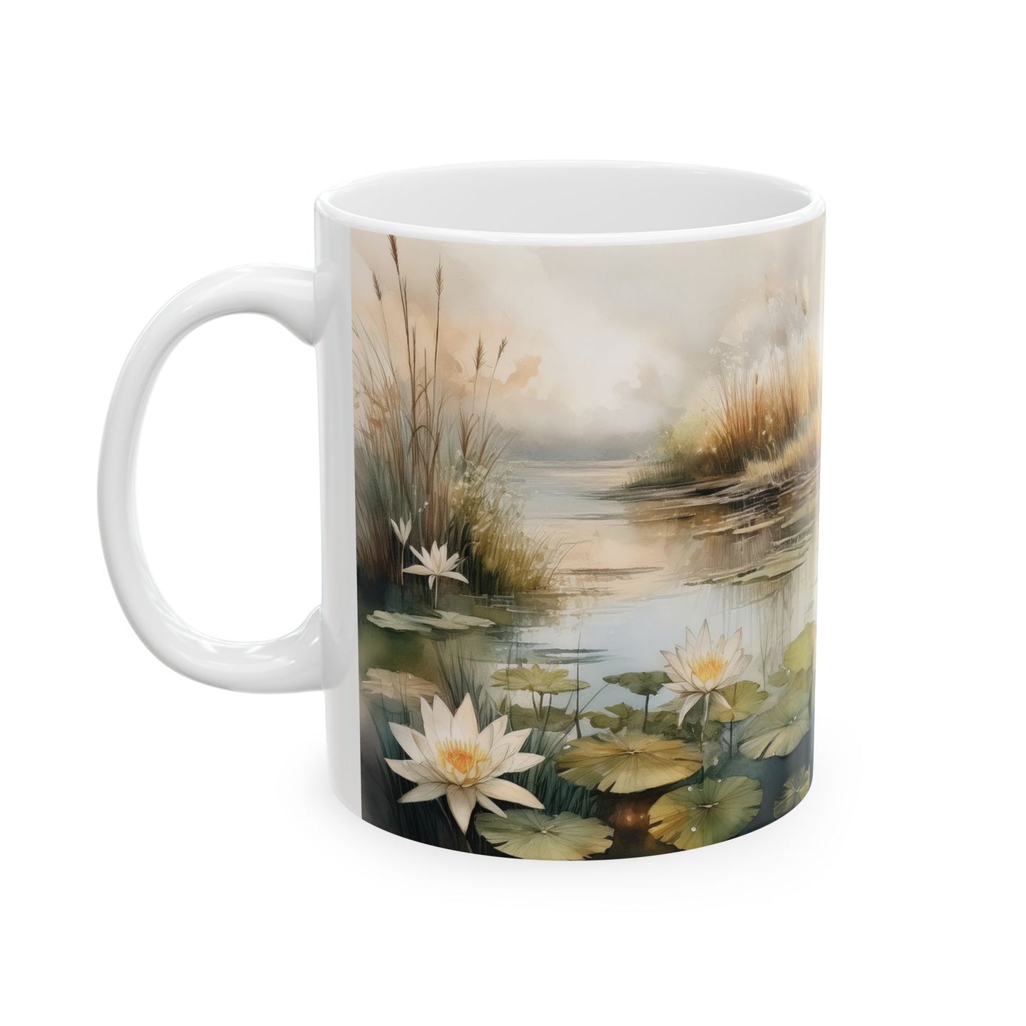 Tranquility Water Lily mug with vintage watercolor design. Perfect for nature lovers