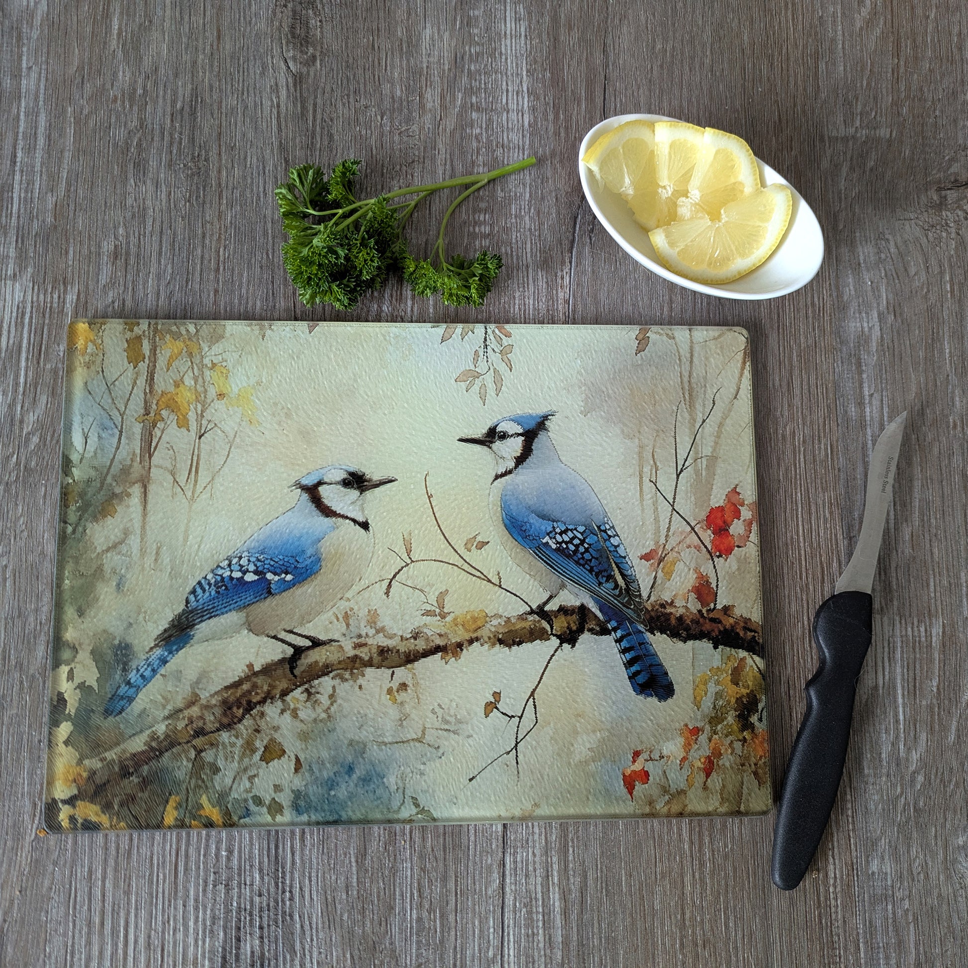 Chopping board with bird design on a wooden surface with a knife and lemon.