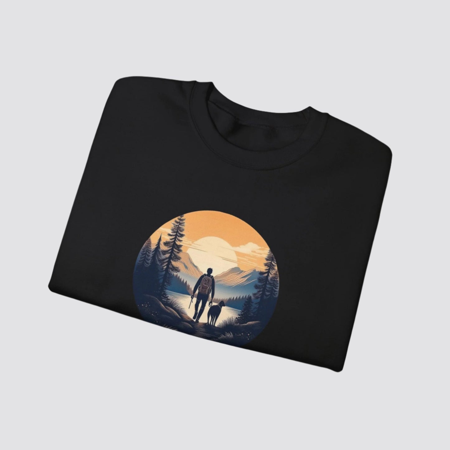 Hiking at Sunset Nature-inspired Crewneck Black - Folded